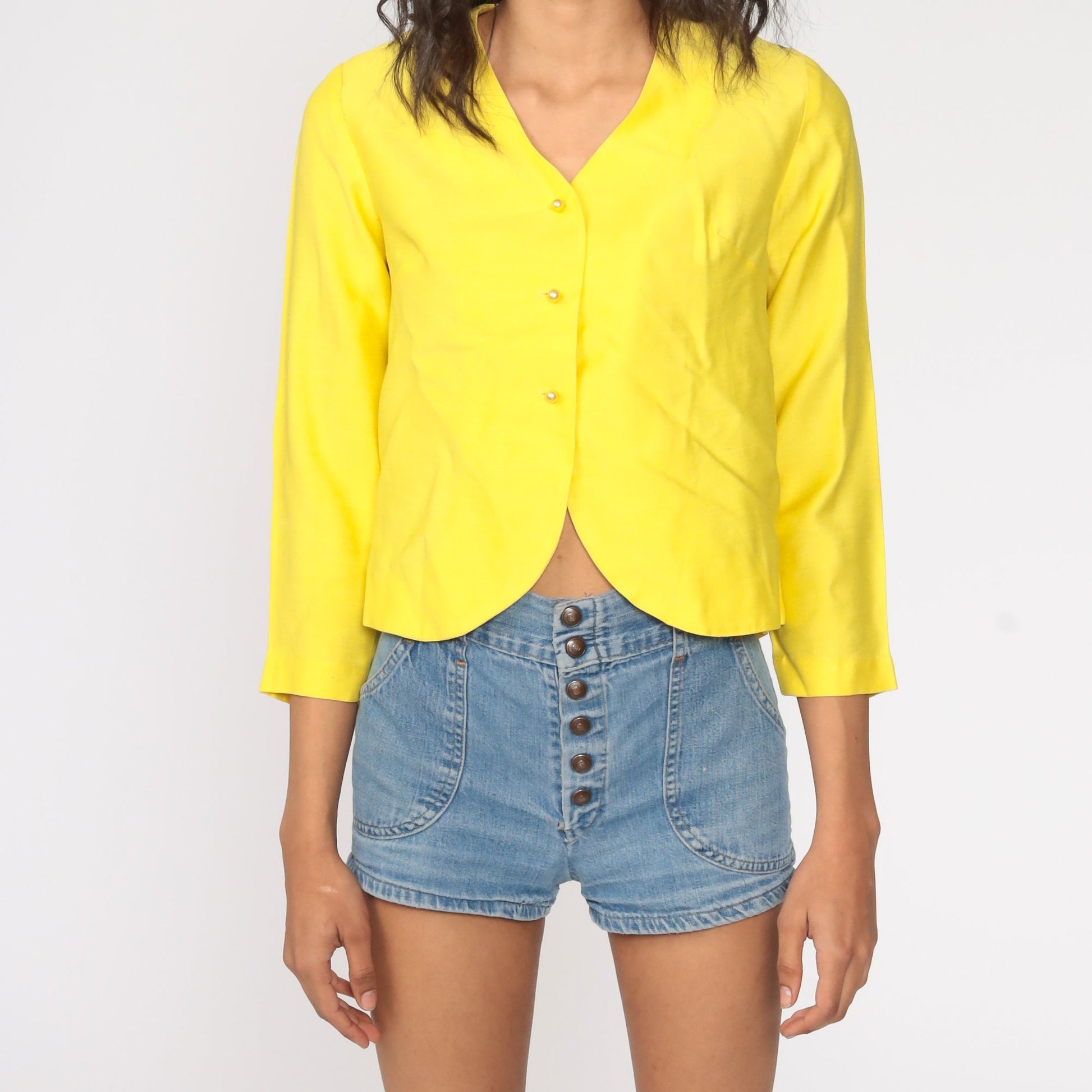 60s Yellow Mod Blazer Cropped Pearl Button Jacket Small