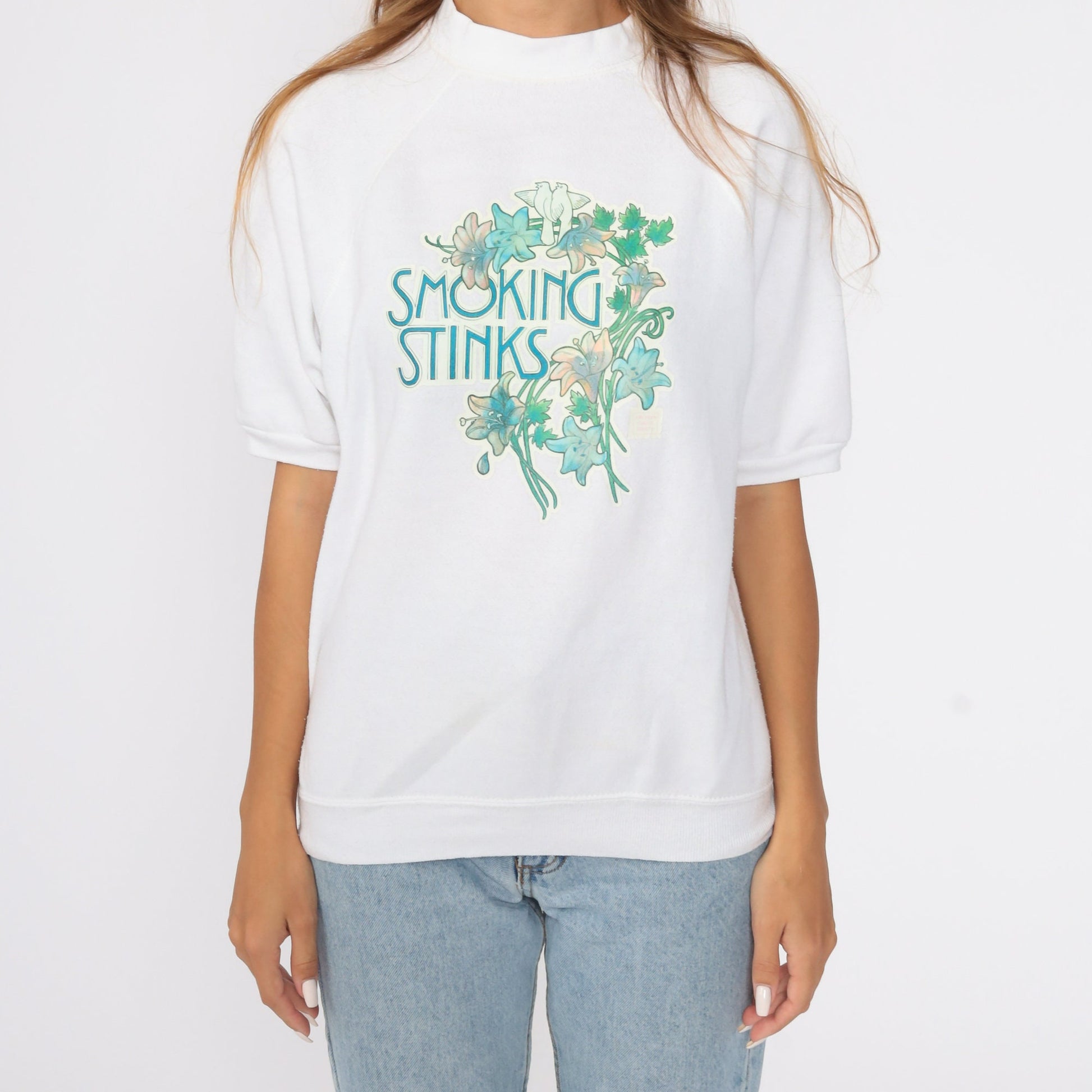 80s Smoking Stinks Graphic Sweatshirt Short Sleeve Raglan Small S
