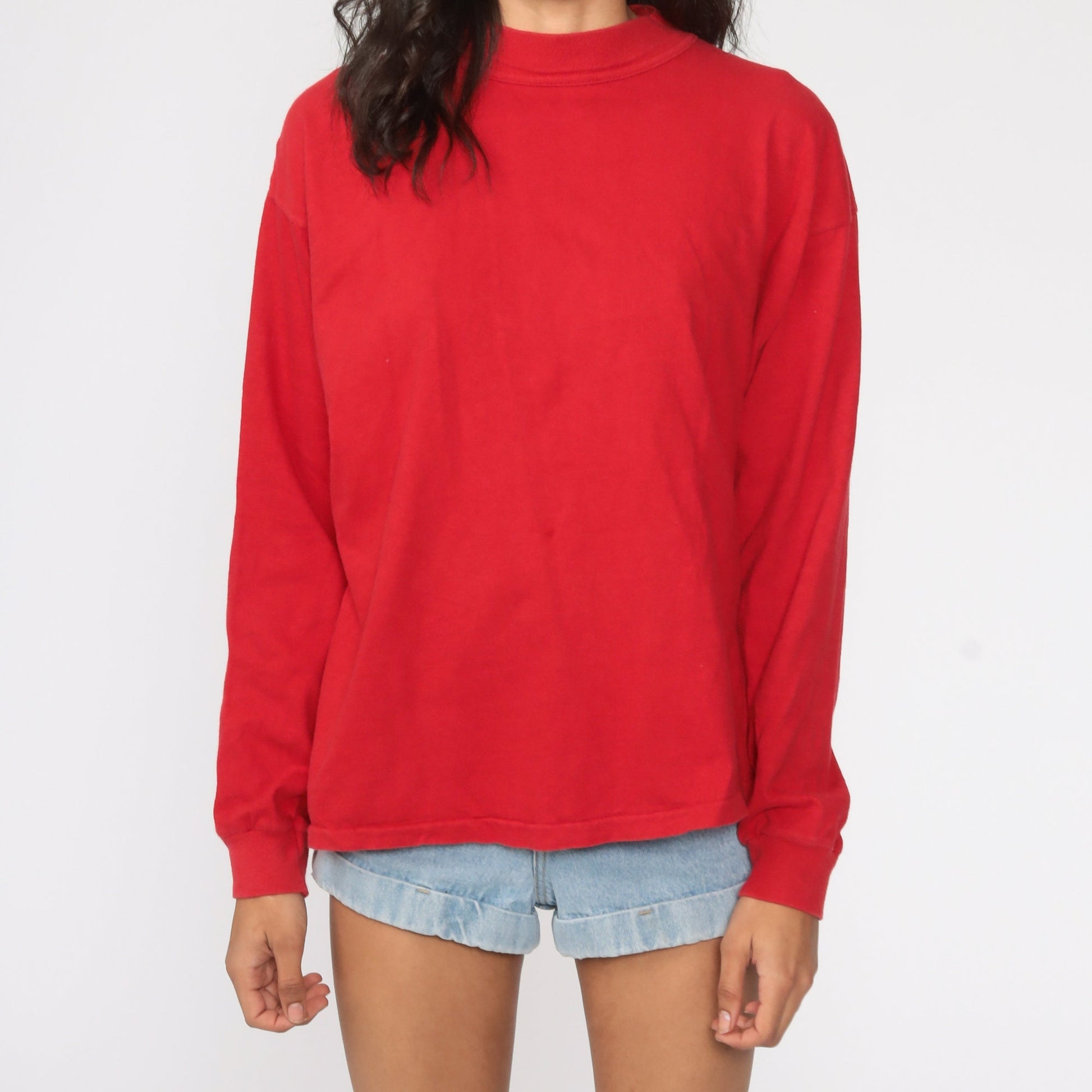 80s Plain Red Long Sleeve Cotton T-Shirt Medium