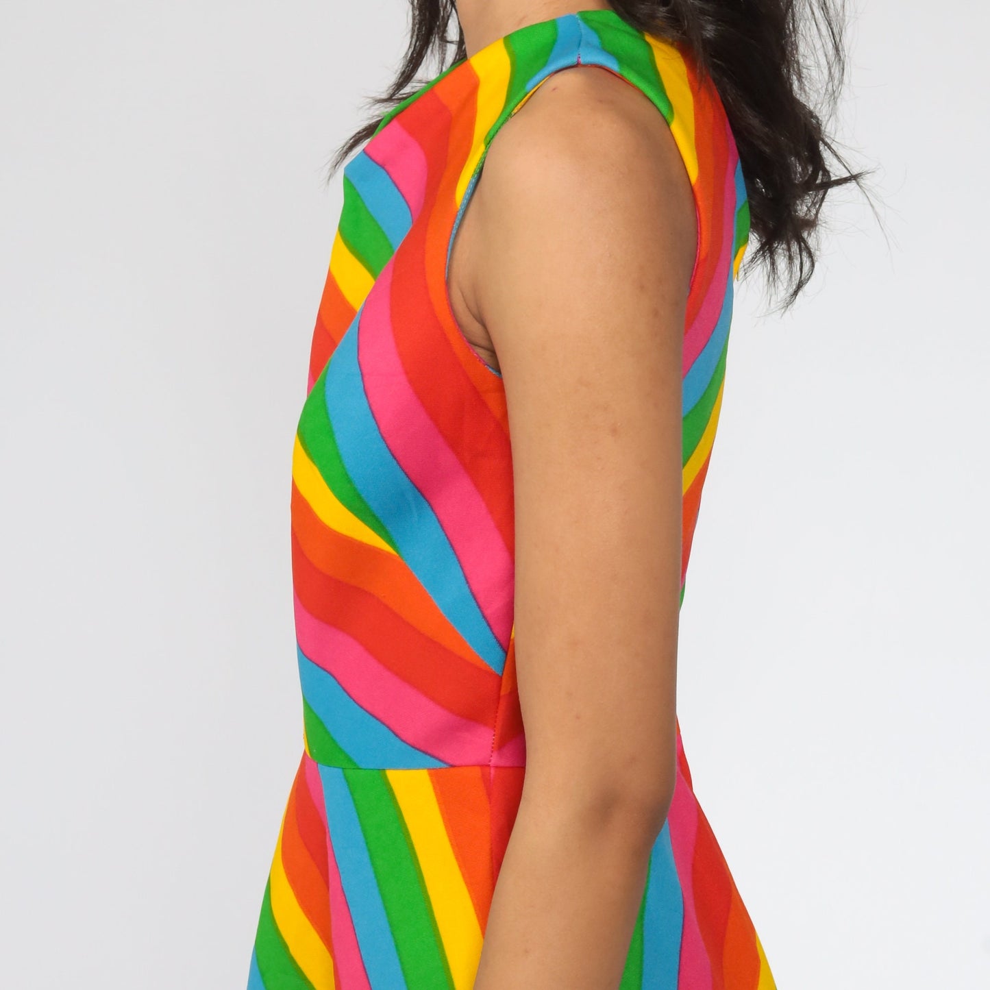 70s Gay Gibson Rainbow Striped Mini Dress Sleeveless High Waist Extra Small