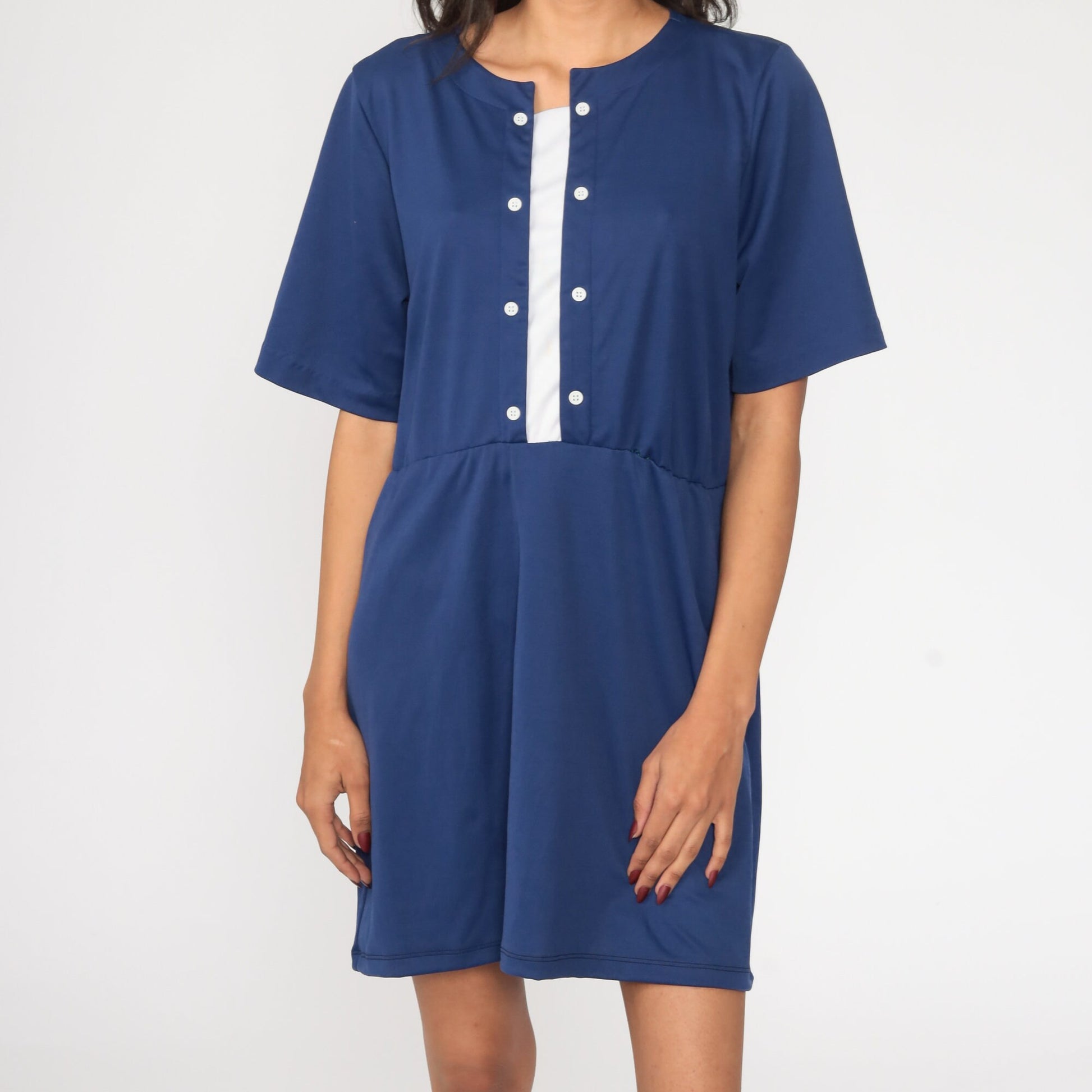 80s Dark Blue High-Waisted Mini Dress Button-Up Short Sleeve Extra Large XXL