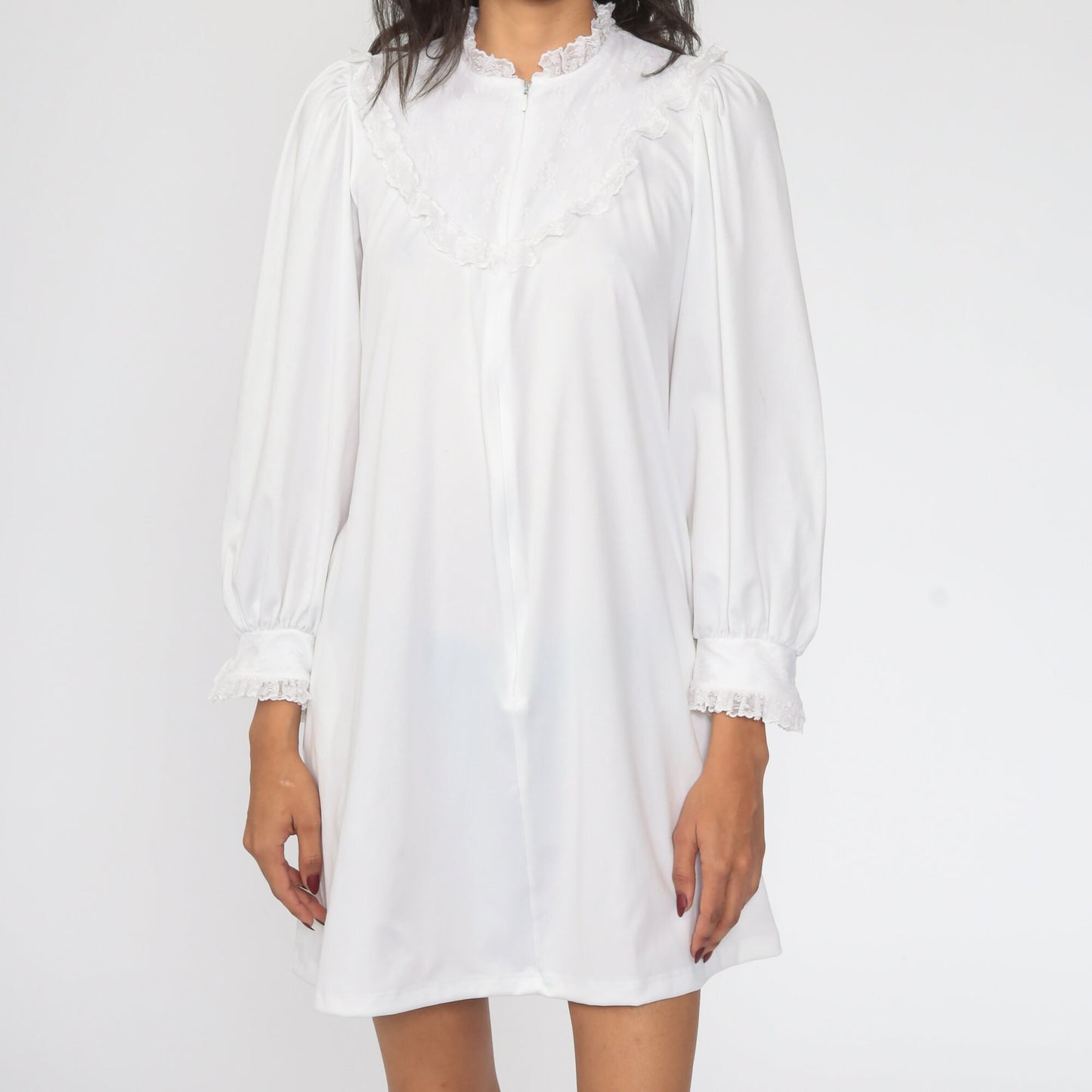 70s White Lace Bib Mini Dress Puff Sleeve Shift Small