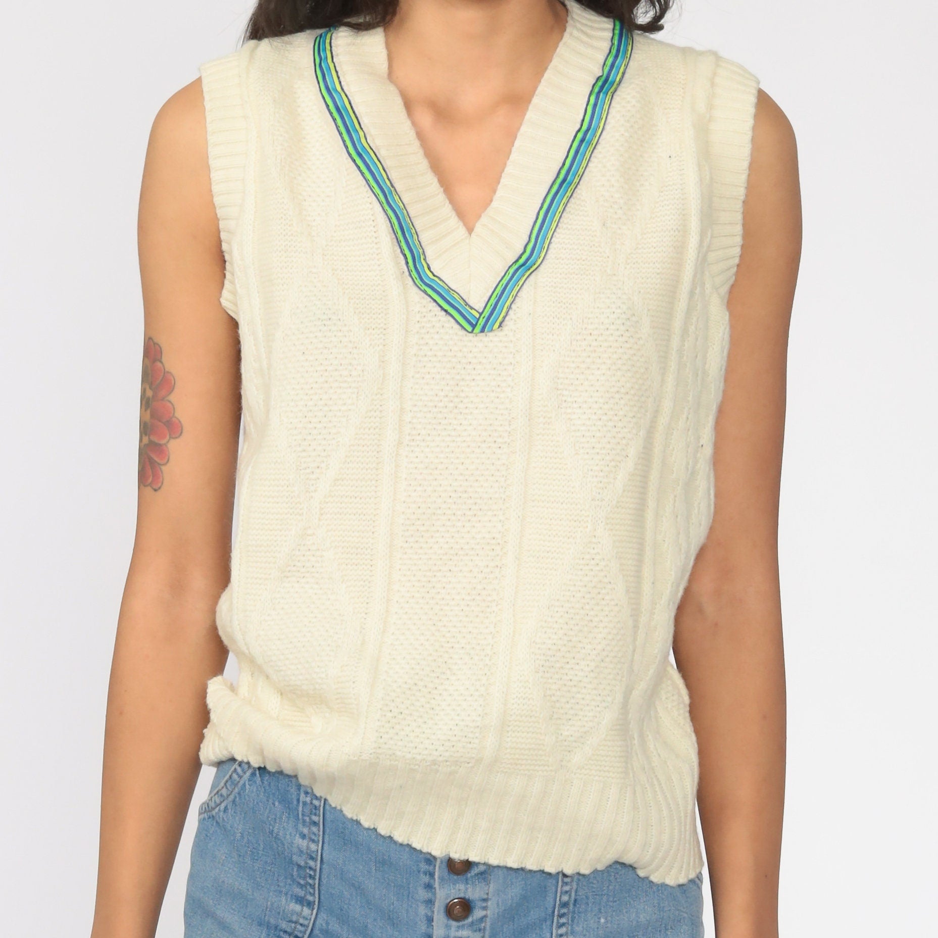 80s Cable Knit Vest Top Cream V-Neck Sleeveless Sweater Small Medium