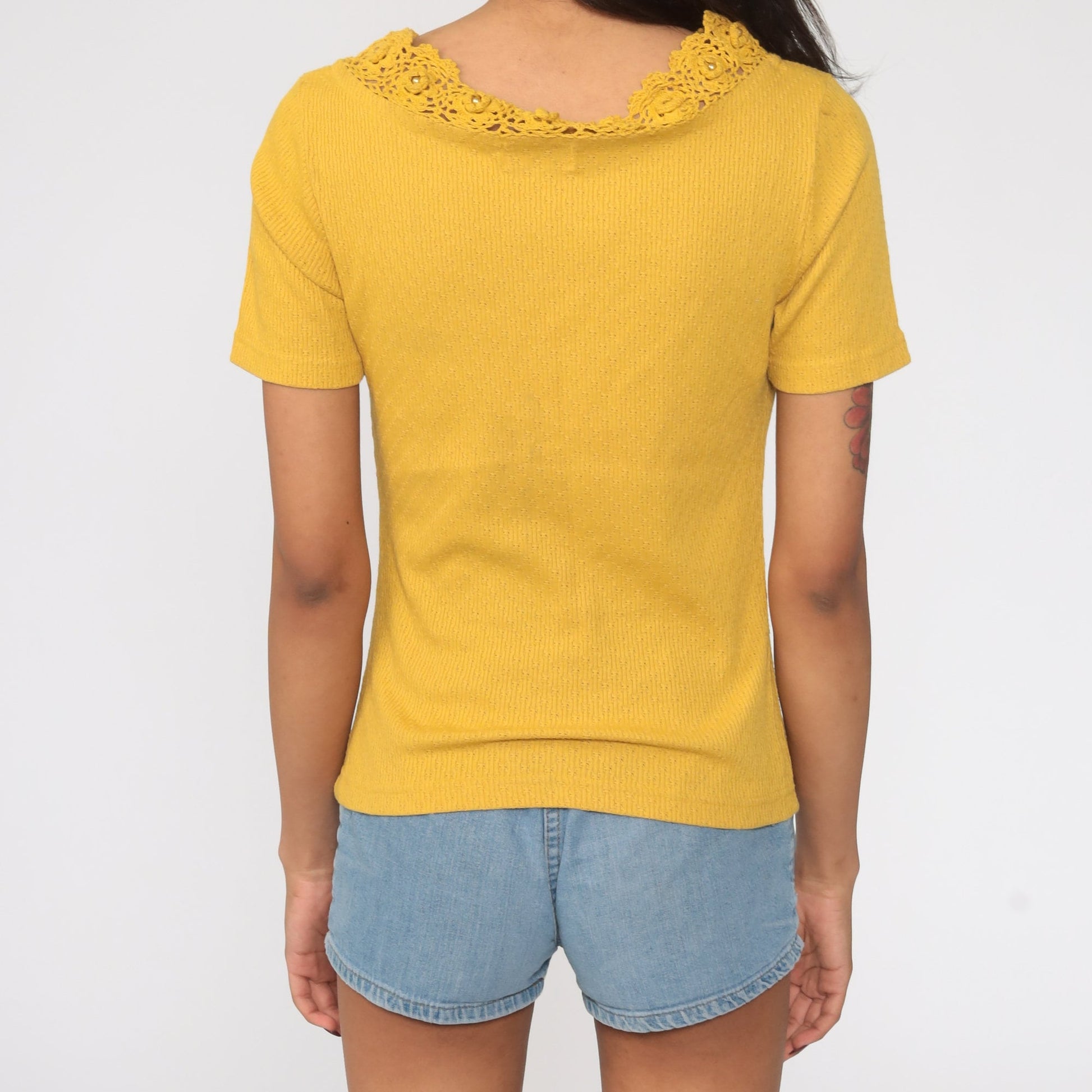 80s Mustard Yellow Crochet Trim Blouse Cotton Short Sleeve Small