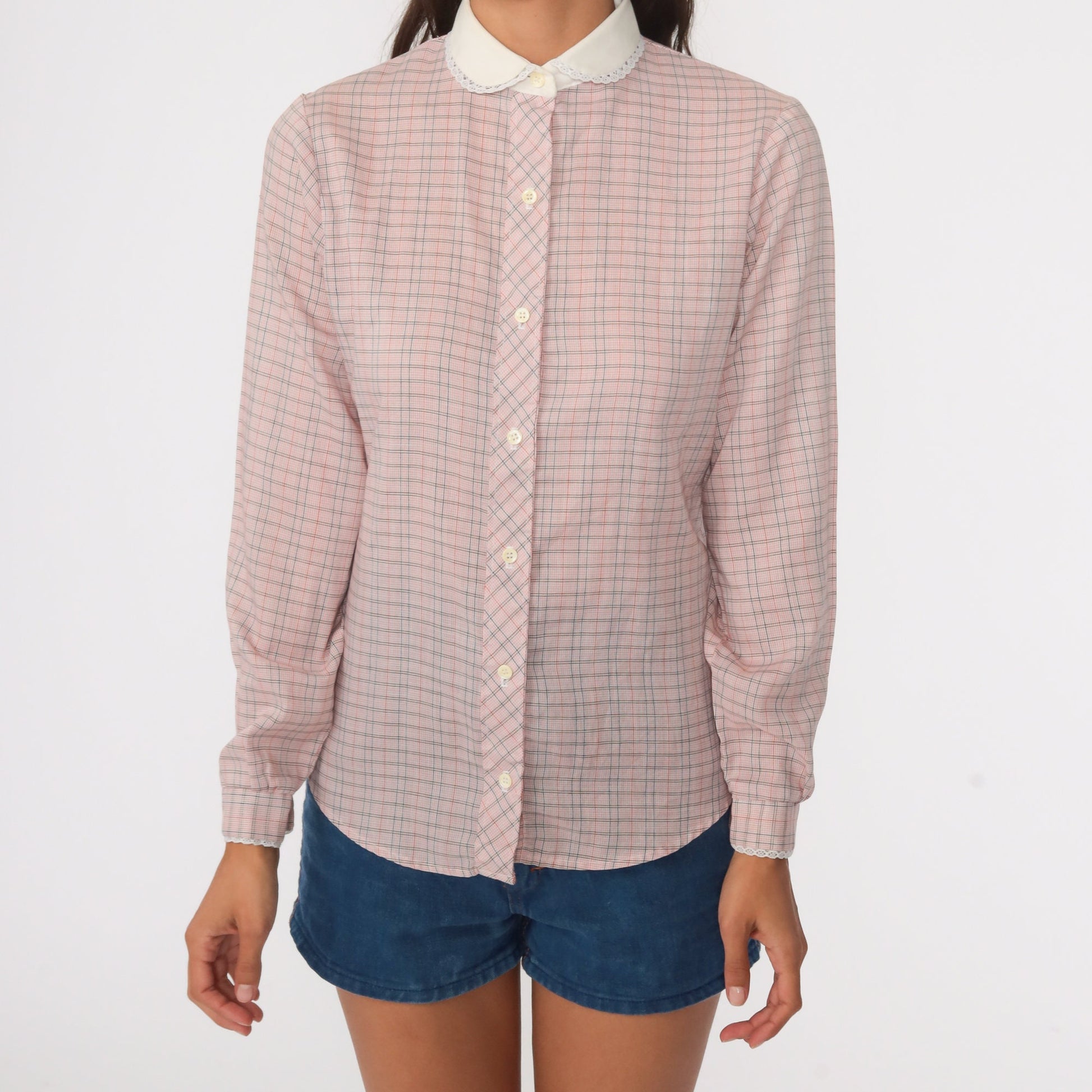 80s Pink Blue Plaid Button-Down Blouse Peter Pan Collar Long Sleeve Small