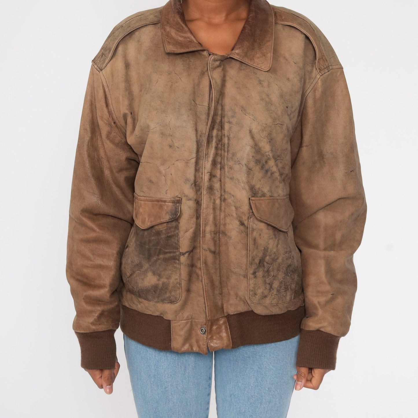 80s Charles Klein Brown Leather Bomber Jacket Moto Biker Extra Large