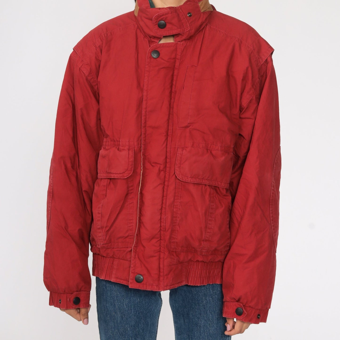 70s Red Down Puffer Ski Jacket Hooded Zip Coat Medium