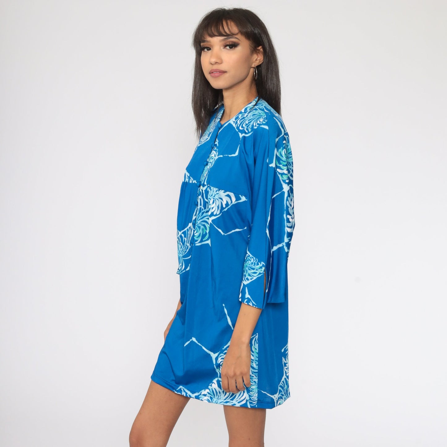 70s Liberty House Floral Shift Dress Blue Dolman Sleeve Mini Medium