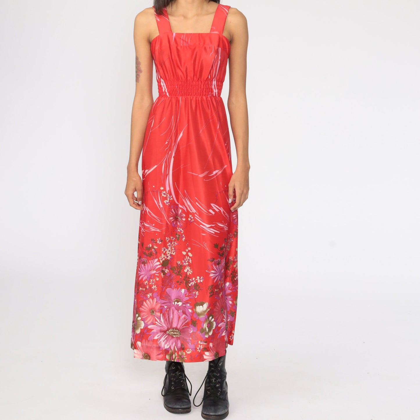 70s Floral Maxi Sundress Smocked Waist Spaghetti Strap Red Extra Small