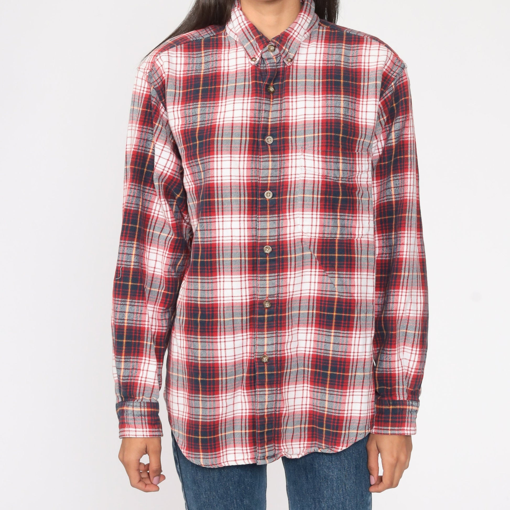 90s Red Navy Plaid Flannel Shirt Cotton Button Up Large
