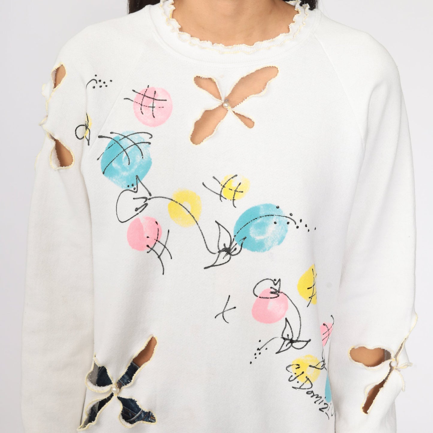 80s Floral Cutout White Raglan Sweatshirt Crewneck XS