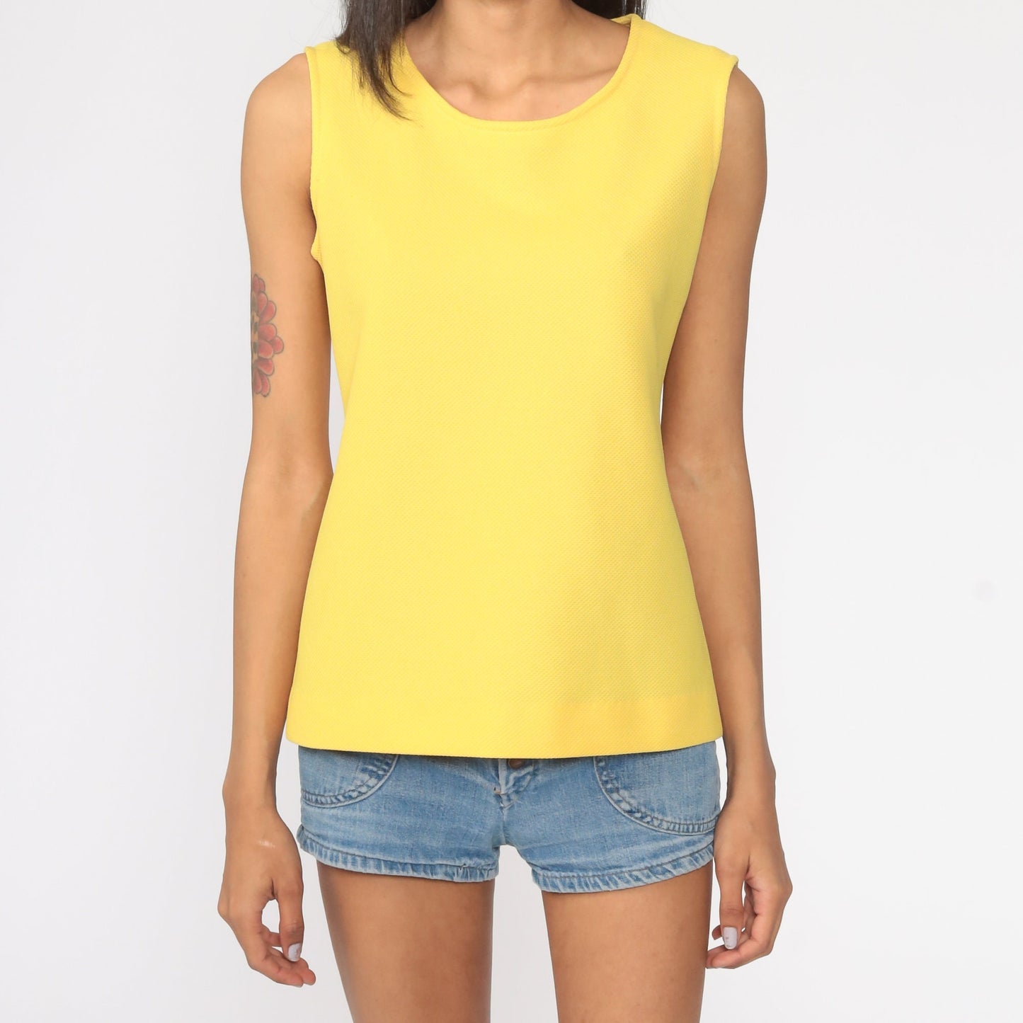 70s Yellow Sleeveless Tank Top Round Neckline Rear Zipper Small