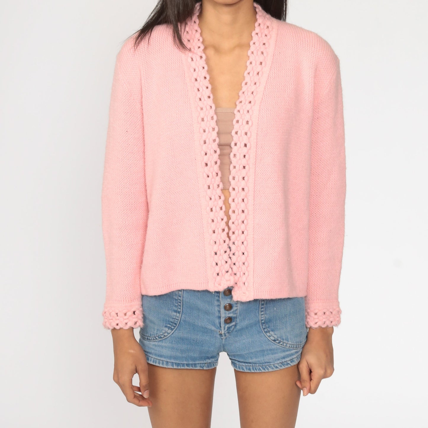 70s Pink Crochet Cardigan Sweater Open Front Knit Medium M