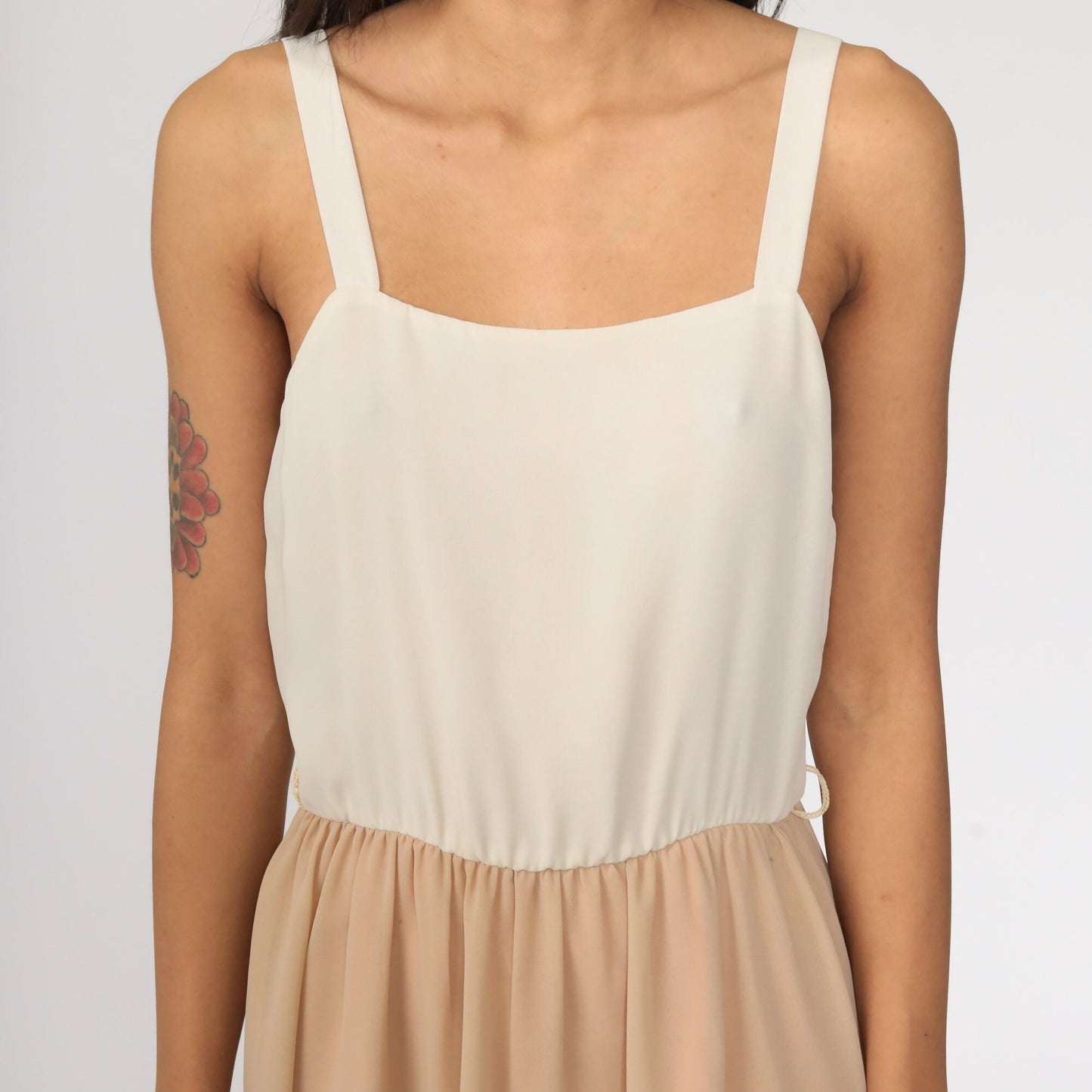 70s Off-White Tan Midi Sundress High Waist Sleeveless Tank Extra Small