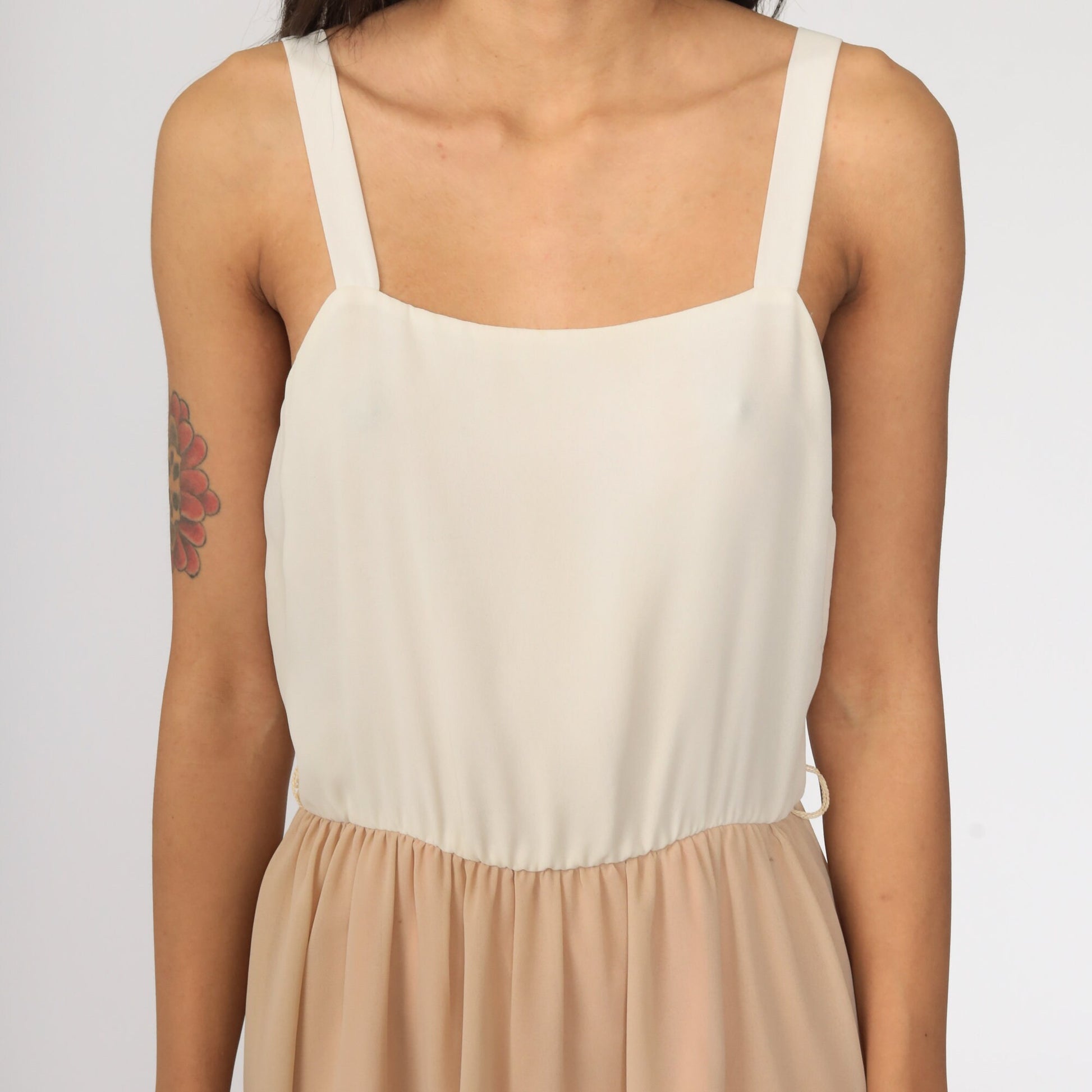70s Off-White Tan Midi Sundress High Waist Sleeveless Tank Extra Small