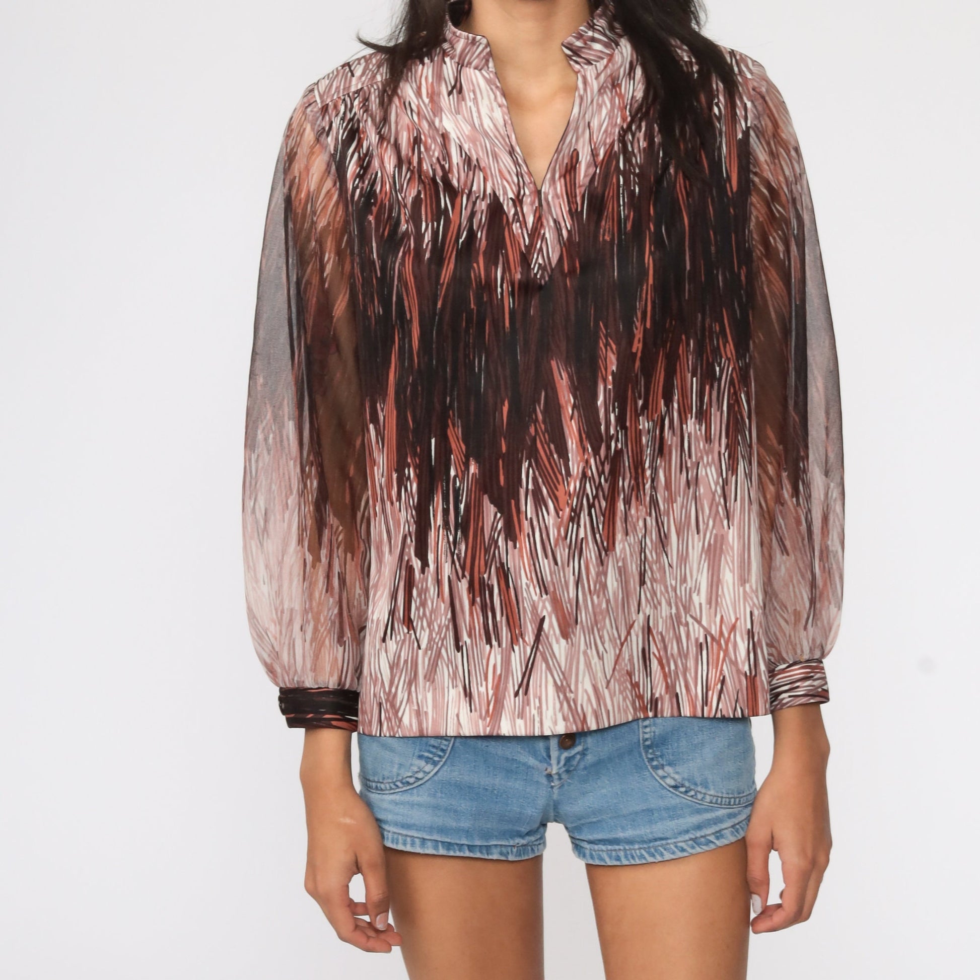 70s Brushstroke Blouse Brown Sheer Sleeve Vintage Top Medium