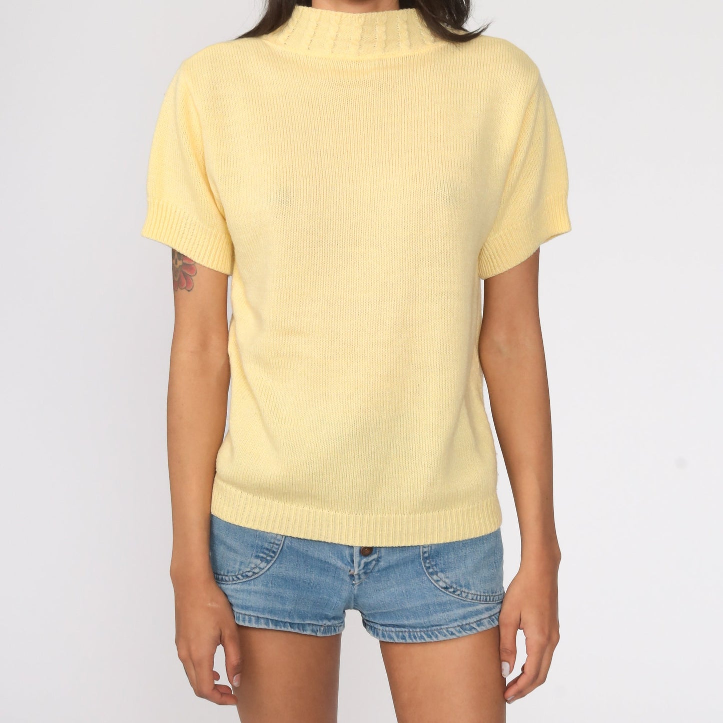 80s Yellow Mock Neck Knit Top Short Sleeve Cable Sweater Small