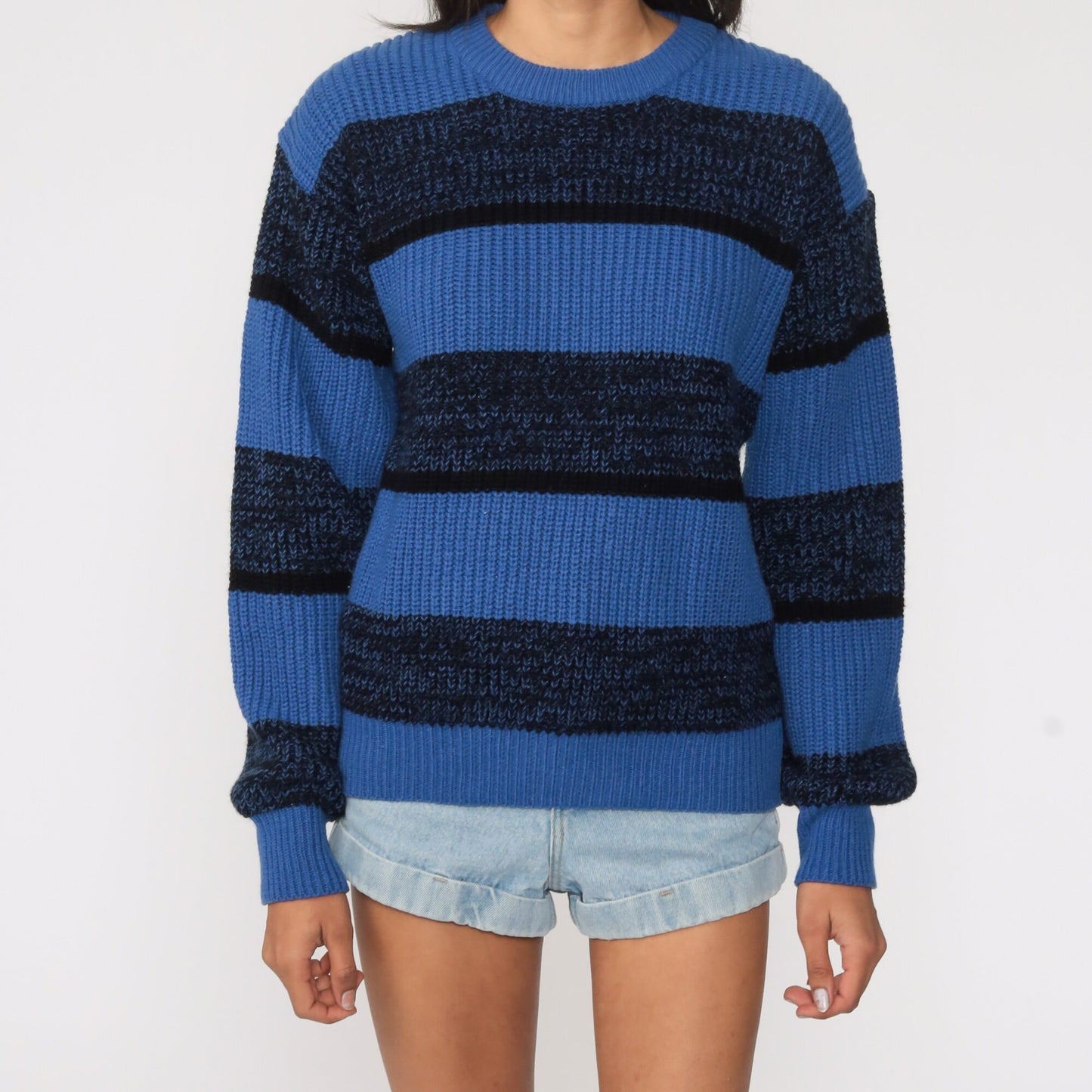80s Blue Striped Space Dye Knit Sweater Slouchy Pullover Small