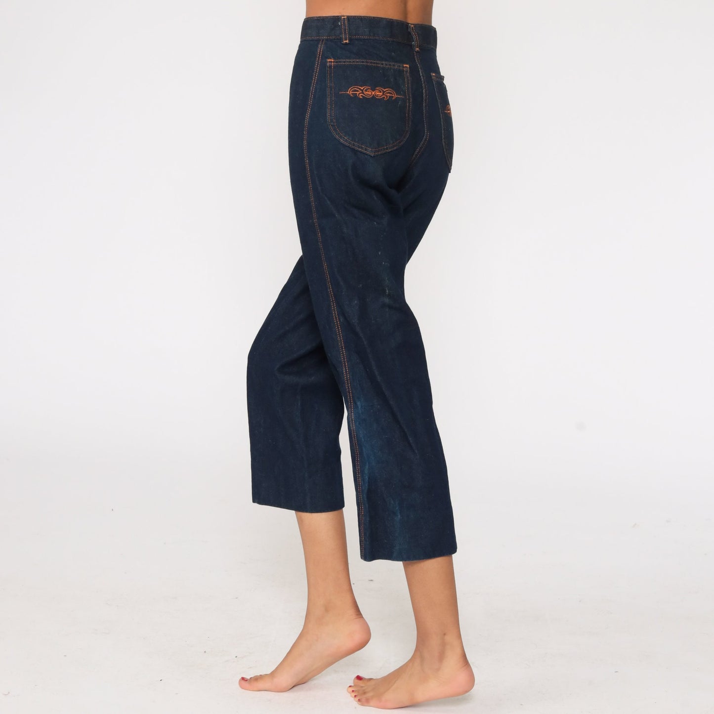 70s High Waisted Straight Leg Cropped Jeans Blue Denim Extra Small