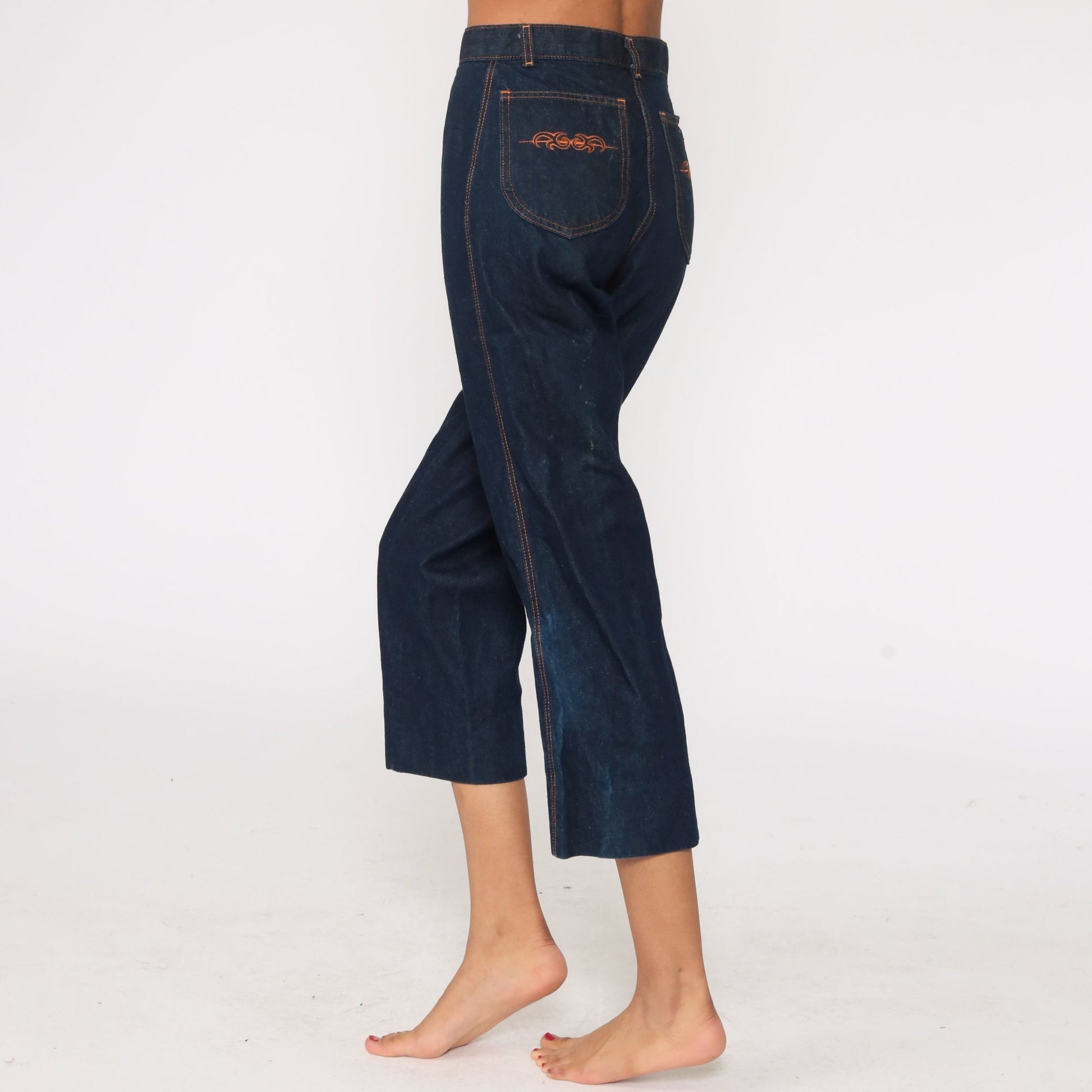 70s High Waisted Straight Leg Cropped Jeans Blue Denim Extra Small