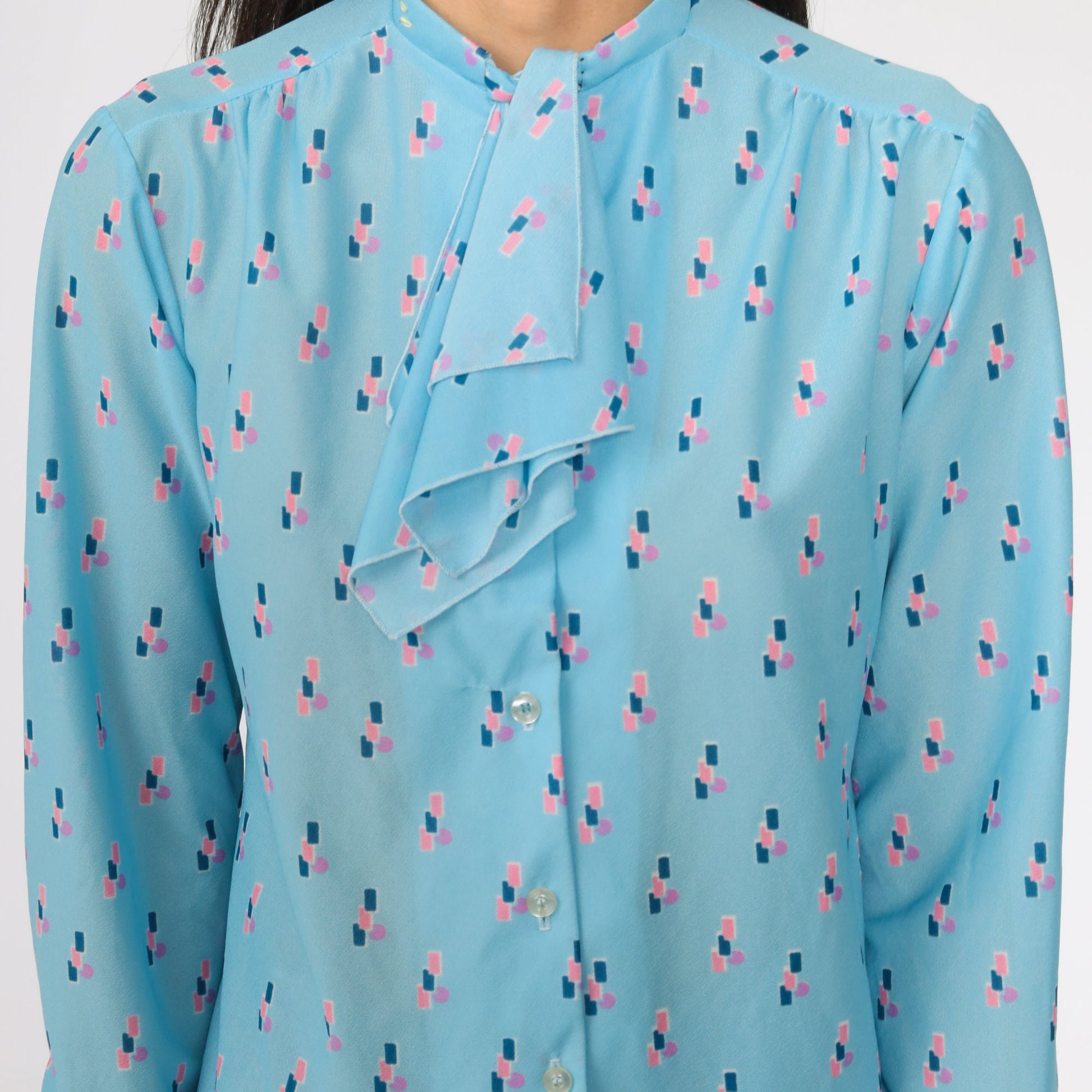 70s-80s Baby Blue Ascot Blouse Long Sleeve Button Up Secretary Shirt Medium