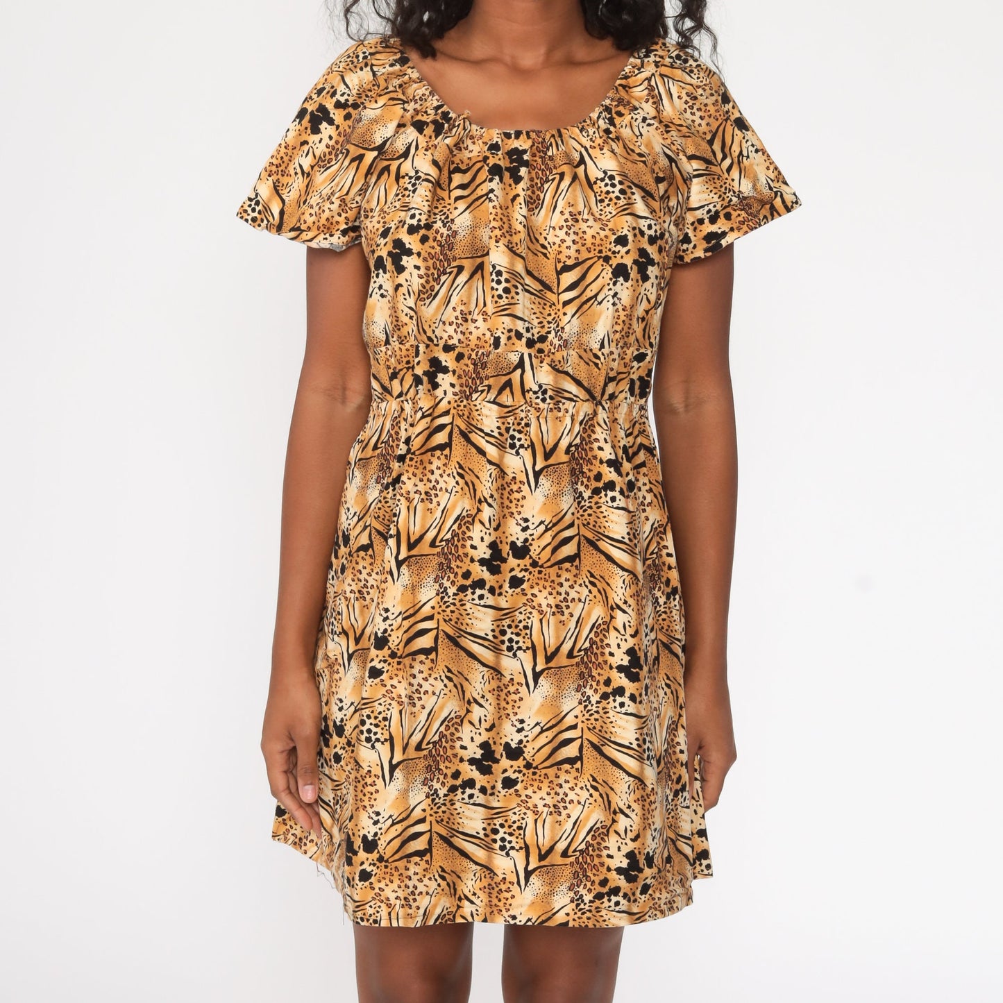 80s Leopard Print Babydoll Dress Empire Waist Mini Brown Cotton Medium Large