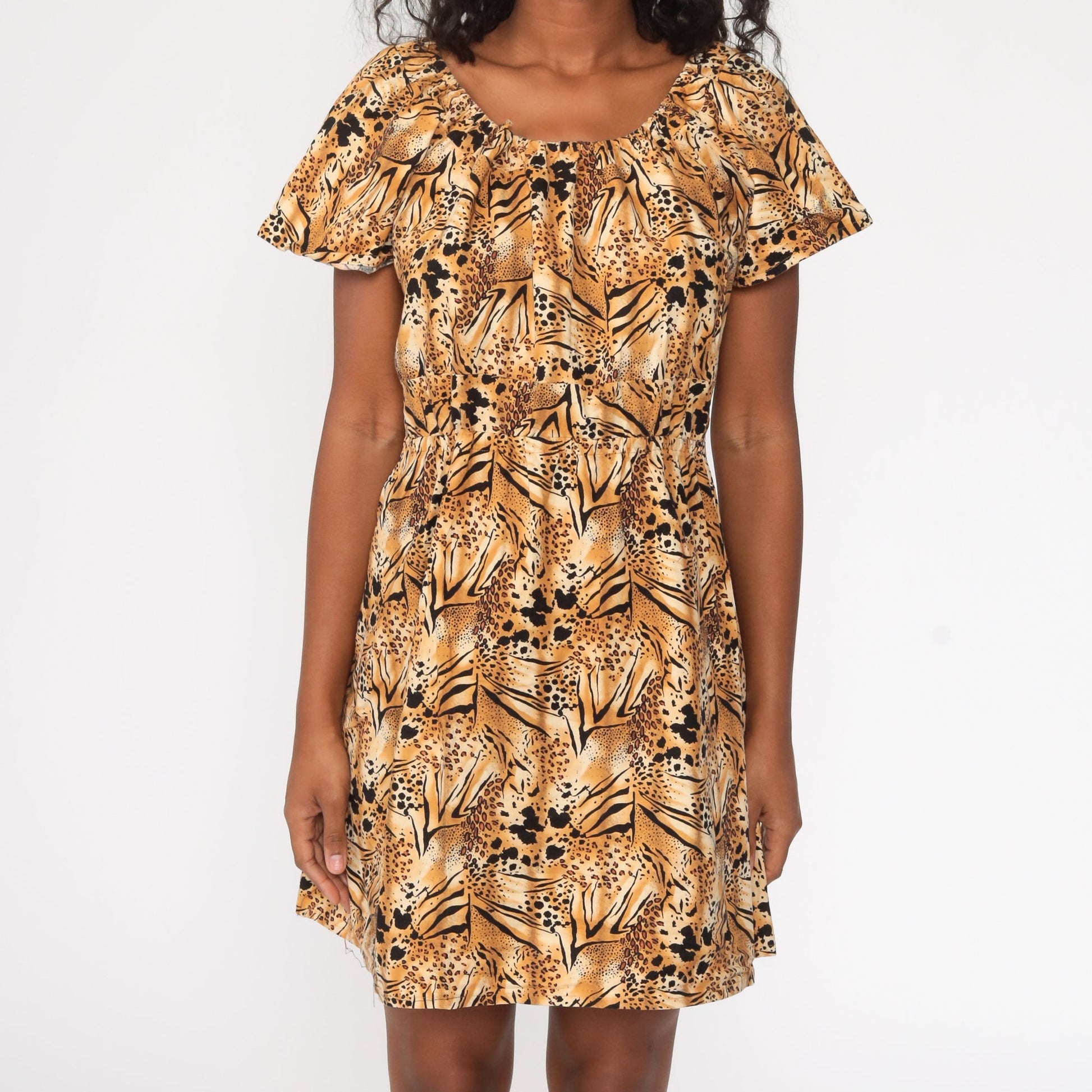 80s Leopard Print Babydoll Dress Empire Waist Mini Brown Cotton Medium Large