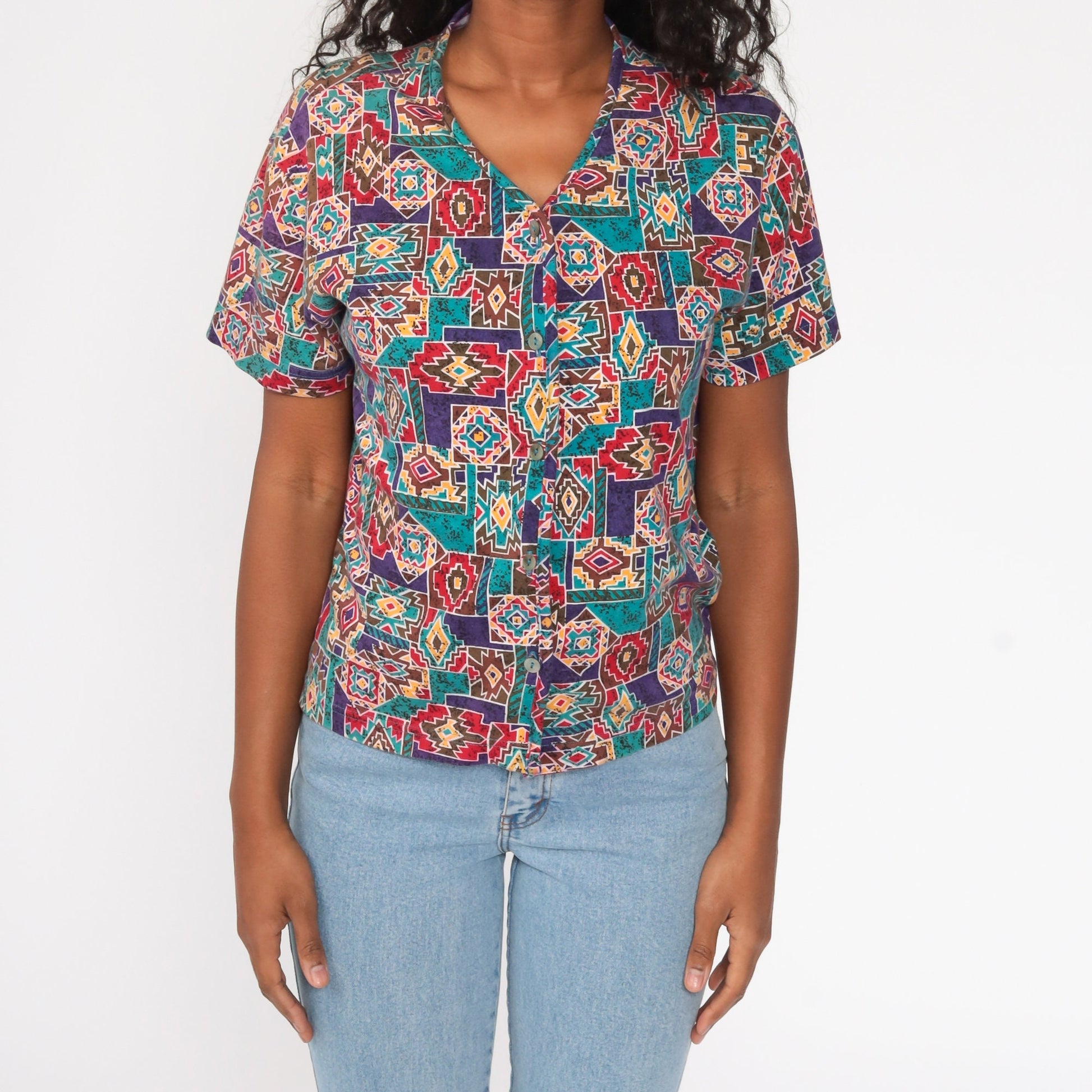 90s Geometric Tribal Print Cotton Button Up Shirt Medium