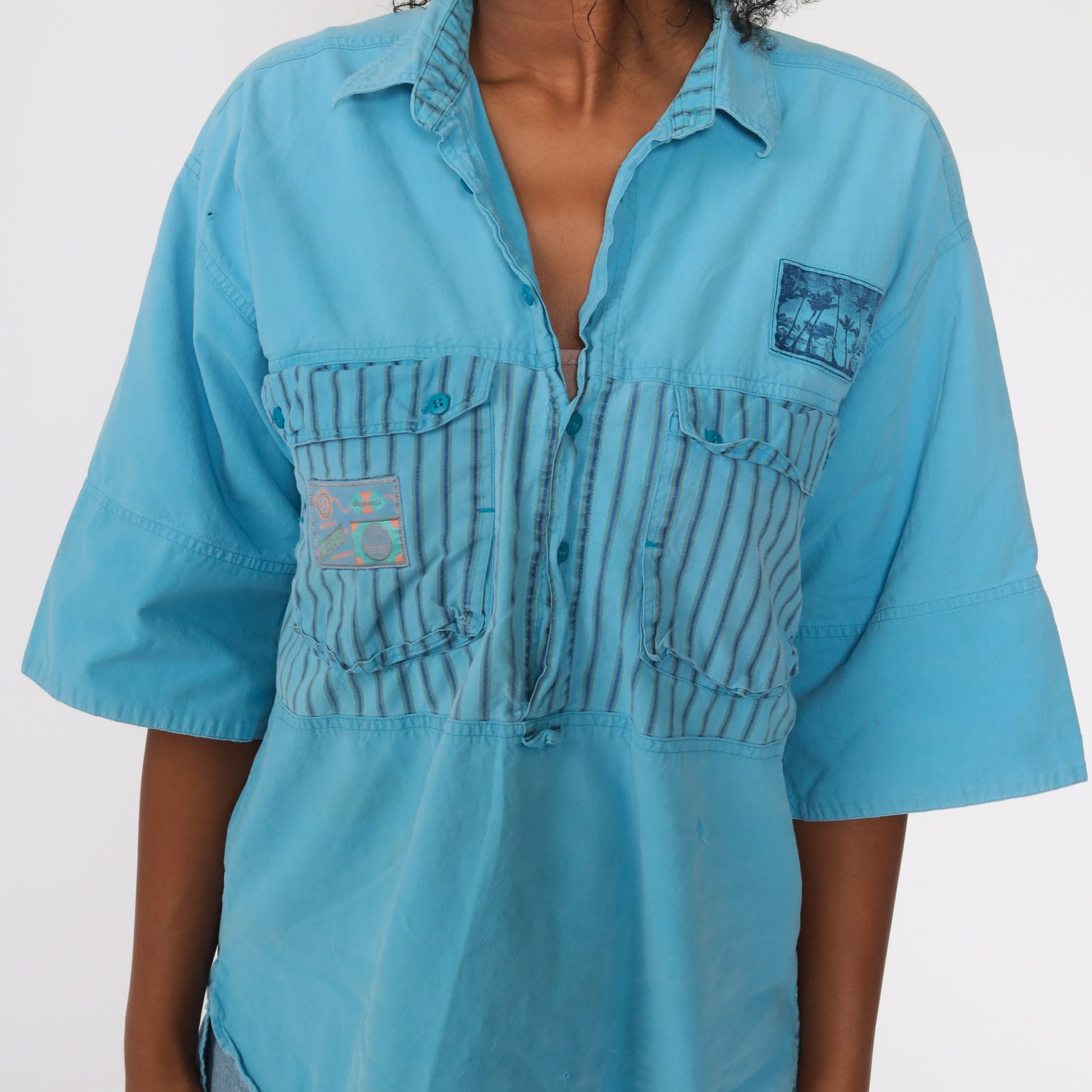 90s Tropical Palm Tree Button Up Shirt Blue Striped Distressed Medium Large