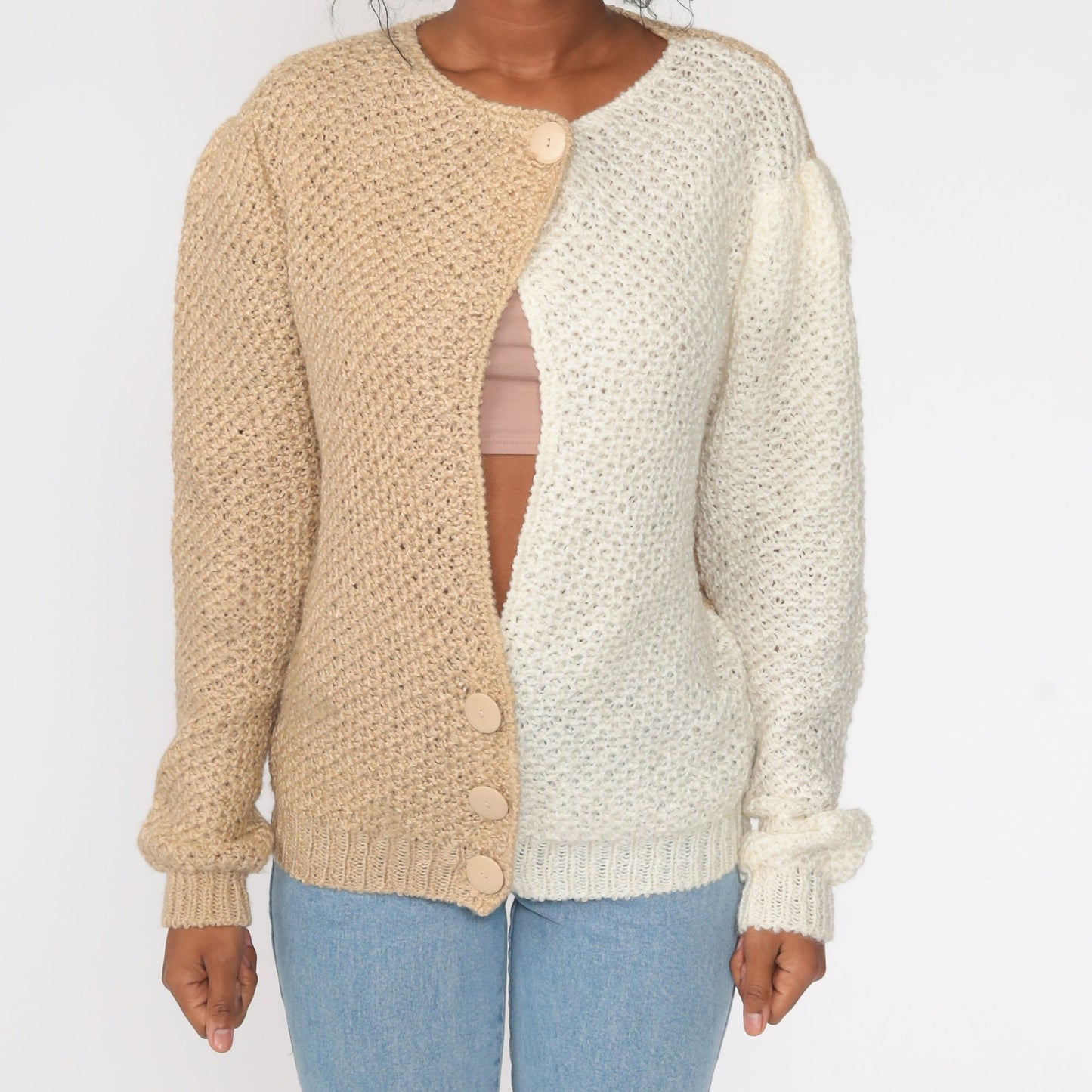 80s Color Block Cardigan Sweater Keyhole Puff Sleeve Knit Tan Medium