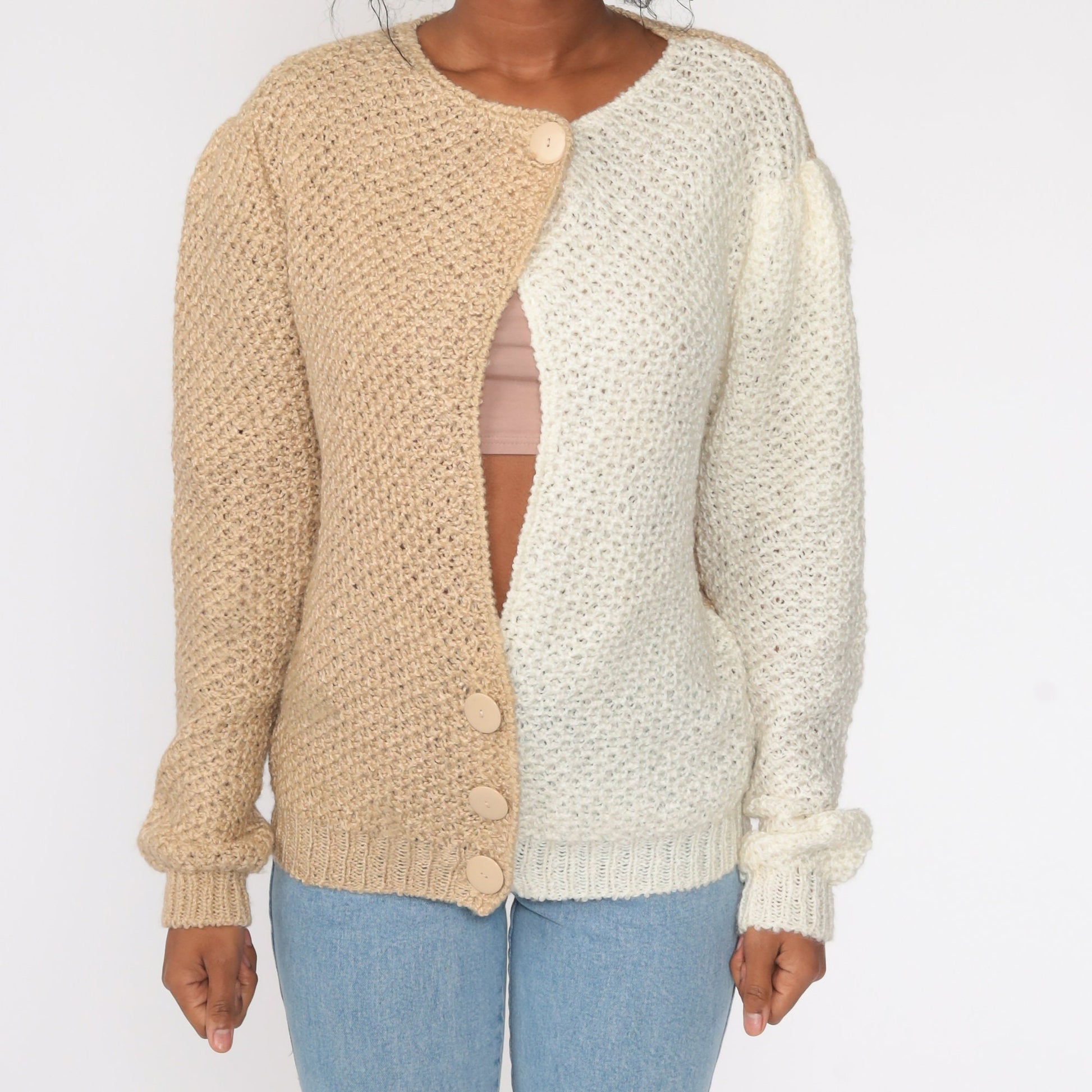 80s Color Block Cardigan Sweater Keyhole Puff Sleeve Knit Tan Medium