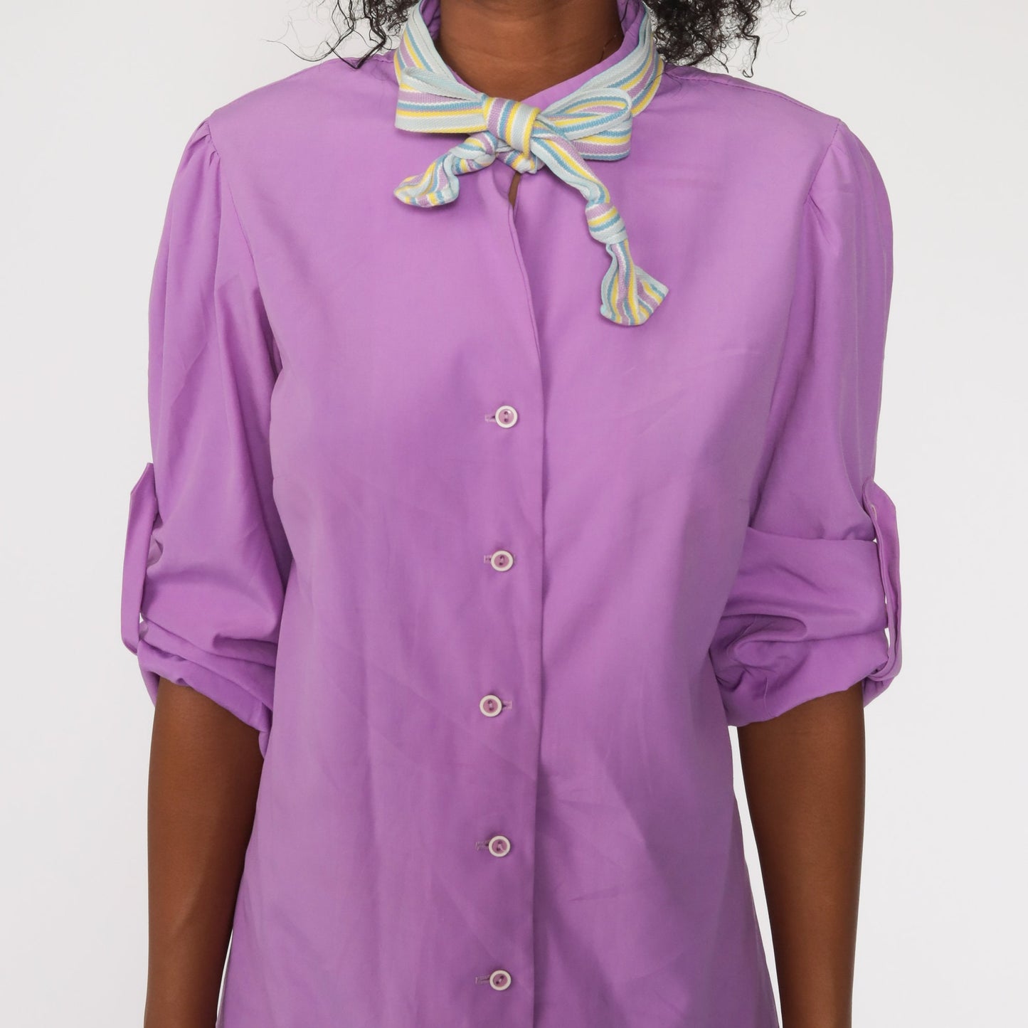70s Purple Ascot Shift Mini Dress Long Sleeve Button Up Small Medium
