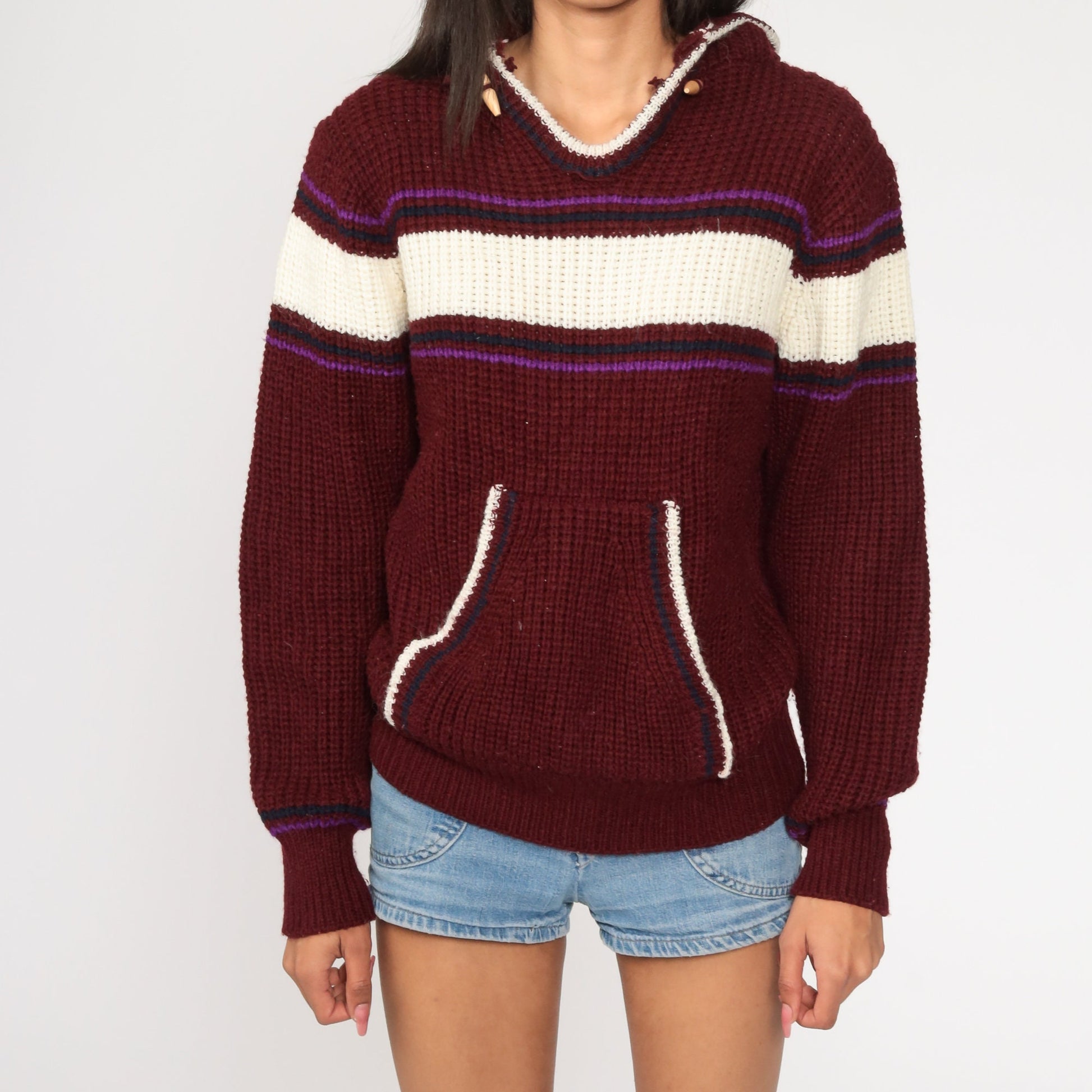 70s-80s Burgundy Striped Knit Hoodie Pullover Small Medium