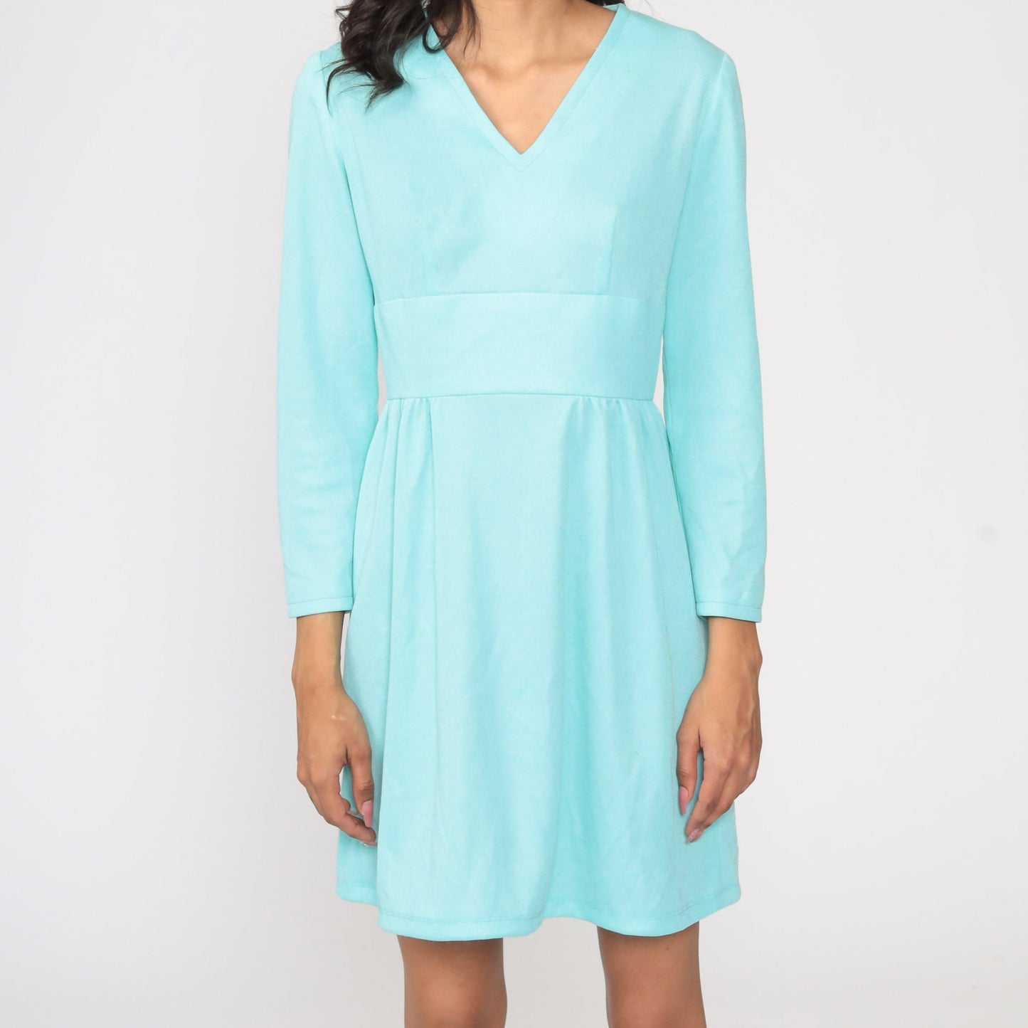 70s Blue Babydoll Mini Dress Deep V Neck Empire Waist Long Sleeve Small S