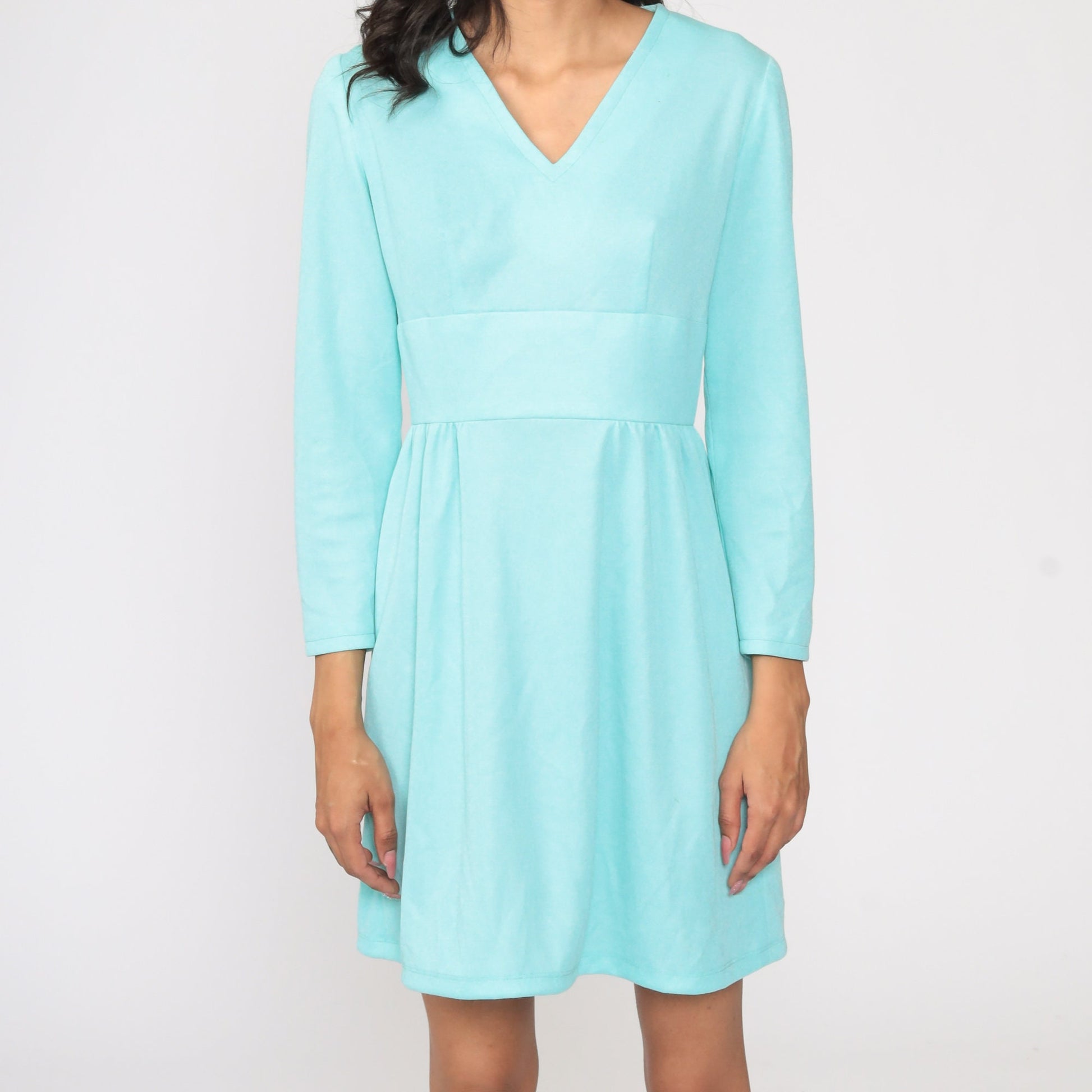 70s Blue Babydoll Mini Dress Deep V Neck Empire Waist Long Sleeve Small S