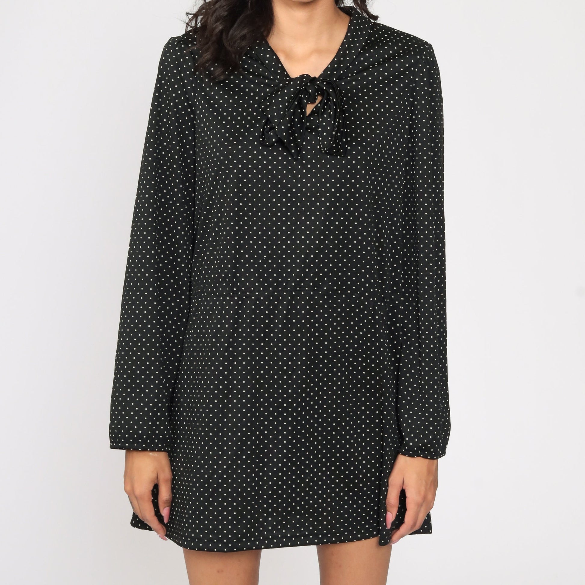 70s Black Polka Dot Ascot Bow Mini Dress Long Sleeve Extra Large XL