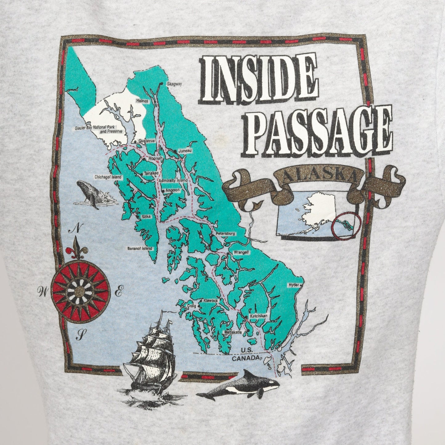 90s Alaska Inside Passage Whale Sweatshirt Grey Crewneck Extra Small