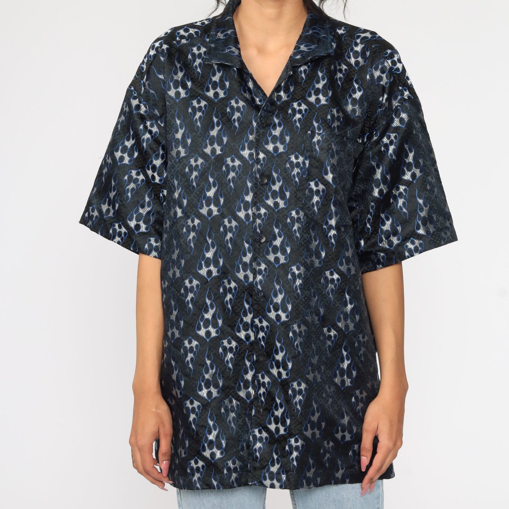 Y2K Flames Button-Up Shirt Blue Short Sleeve 00s Raver Top Extra Large XL