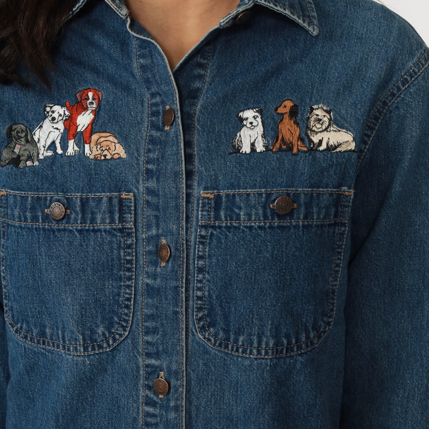 90s Calvin Klein Denim Mini Dress Embroidered Dogs Blue Button-Up Small