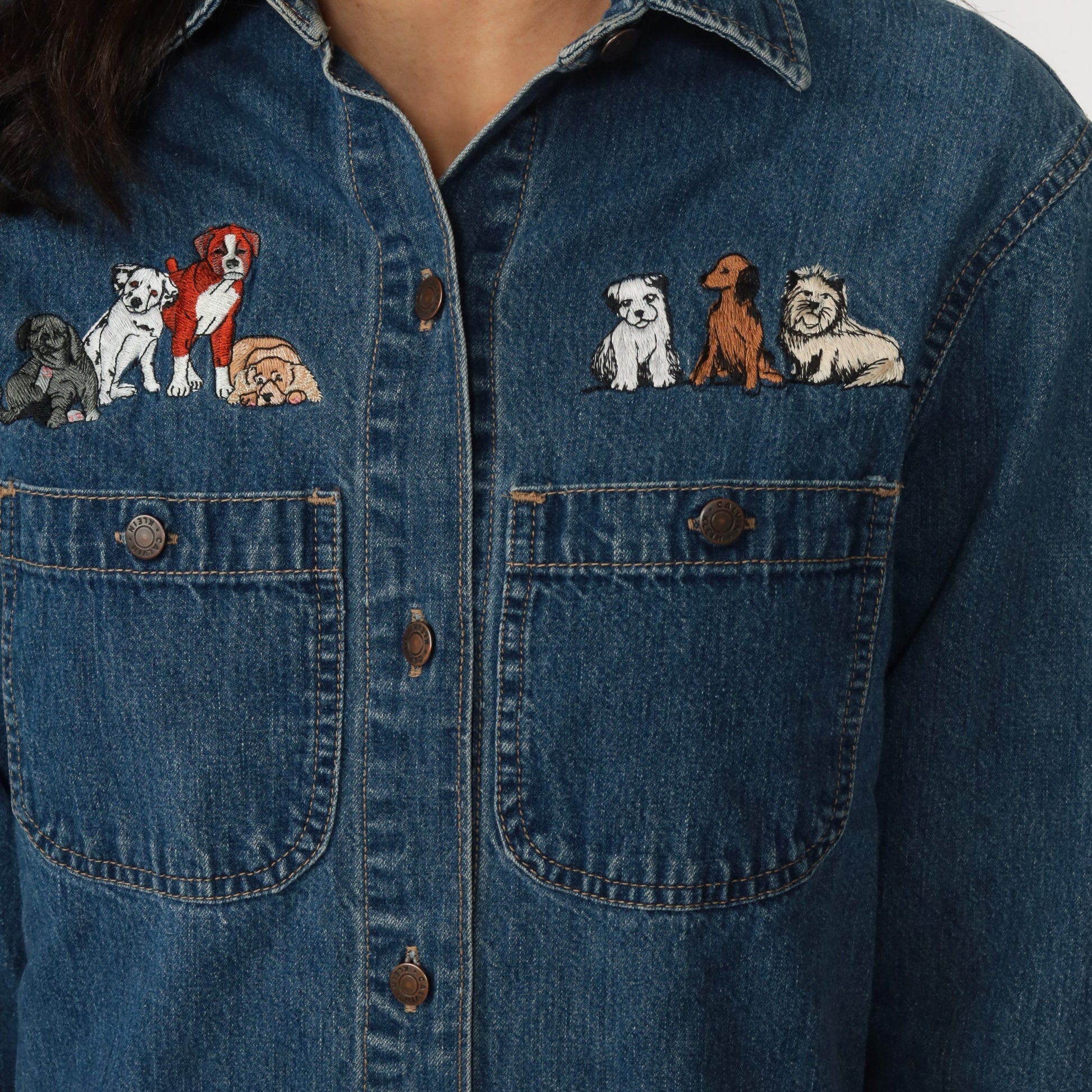 90s Calvin Klein Denim Mini Dress Embroidered Dogs Blue Button-Up Small