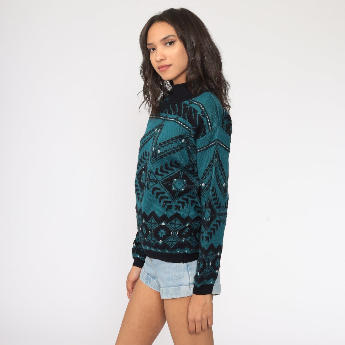 70s Geometric Wool Sweater Black Teal Metallic Pullover Medium