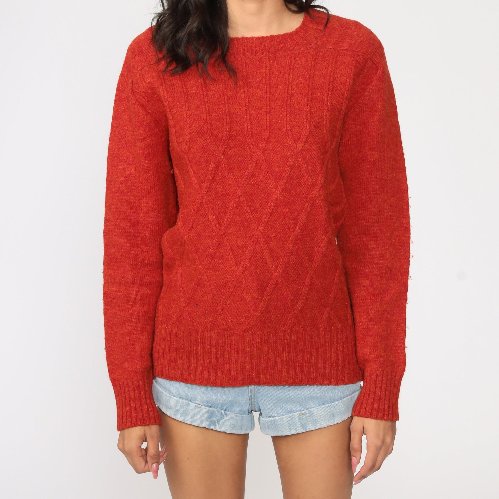 80s Red Wool Sweater Lattice Knit Crewneck Pullover Medium