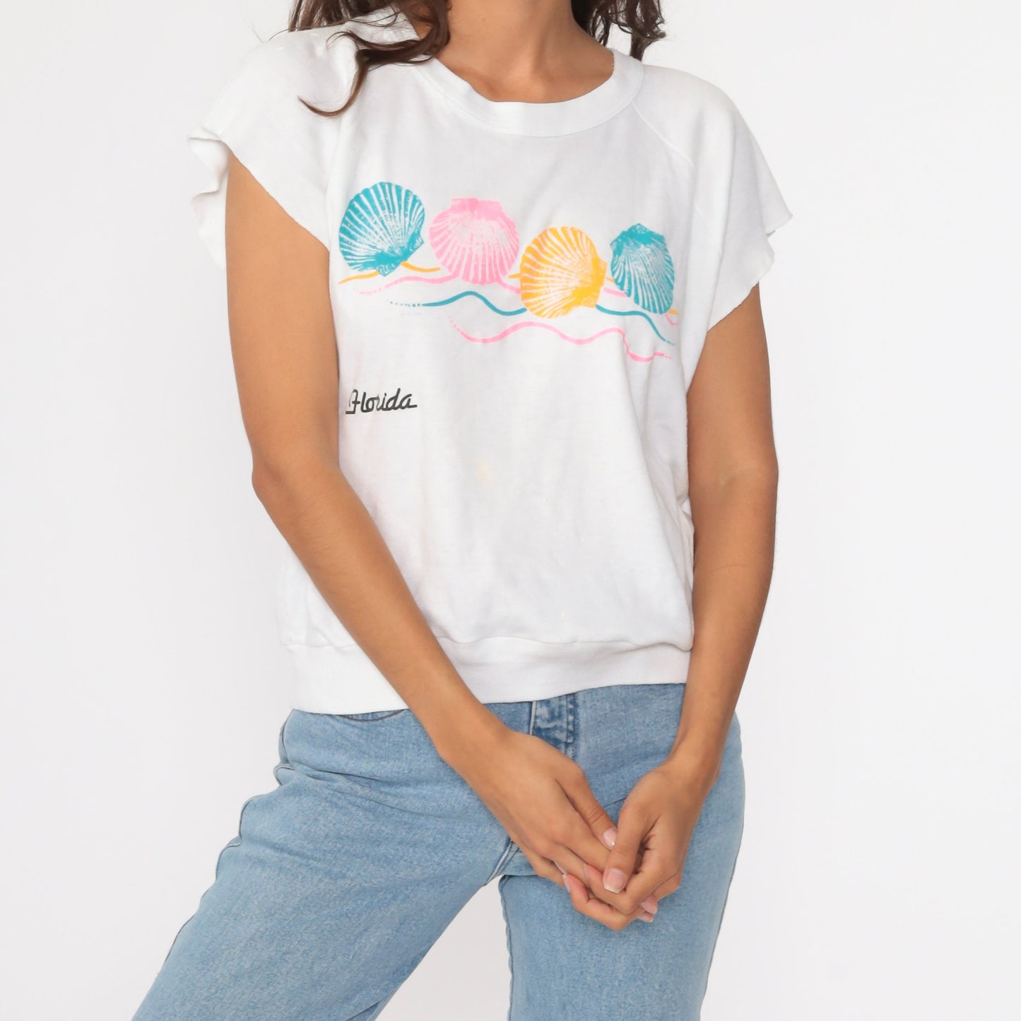 80s Florida Seashell Graphic T-Shirt White Cotton Tee Medium Large