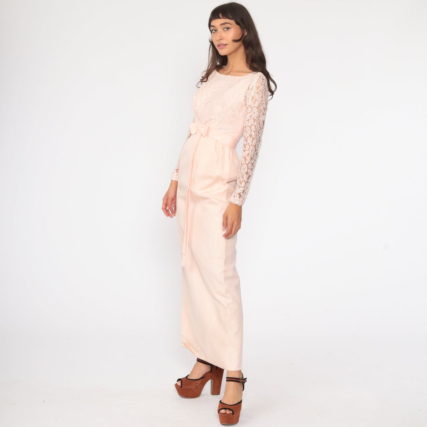 1950s Baby Pink Lace Cocktail Dress Bow Waist Pencil Skirt Extra Small