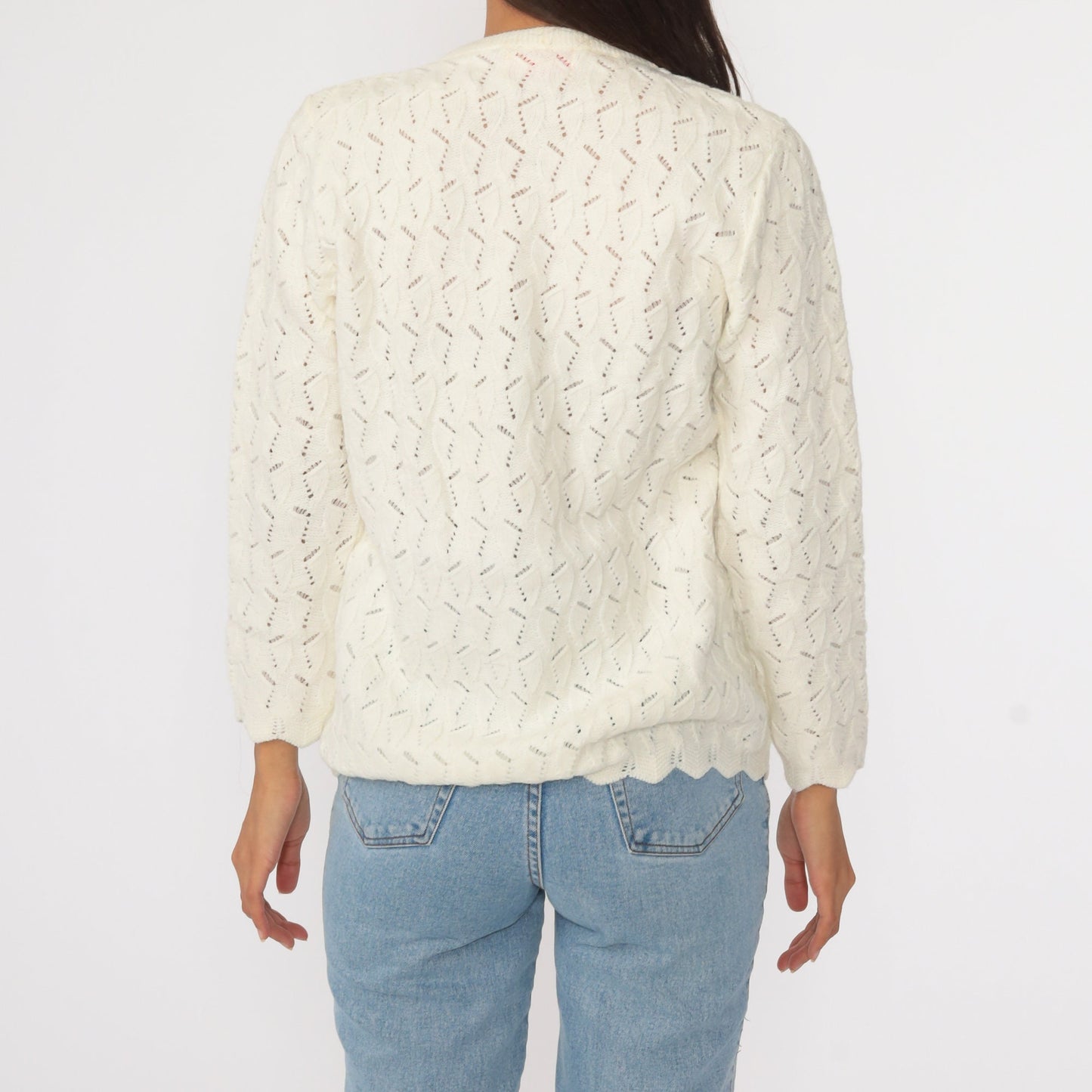 70s Off-White Pointelle Cardigan Sweater Button Up Small