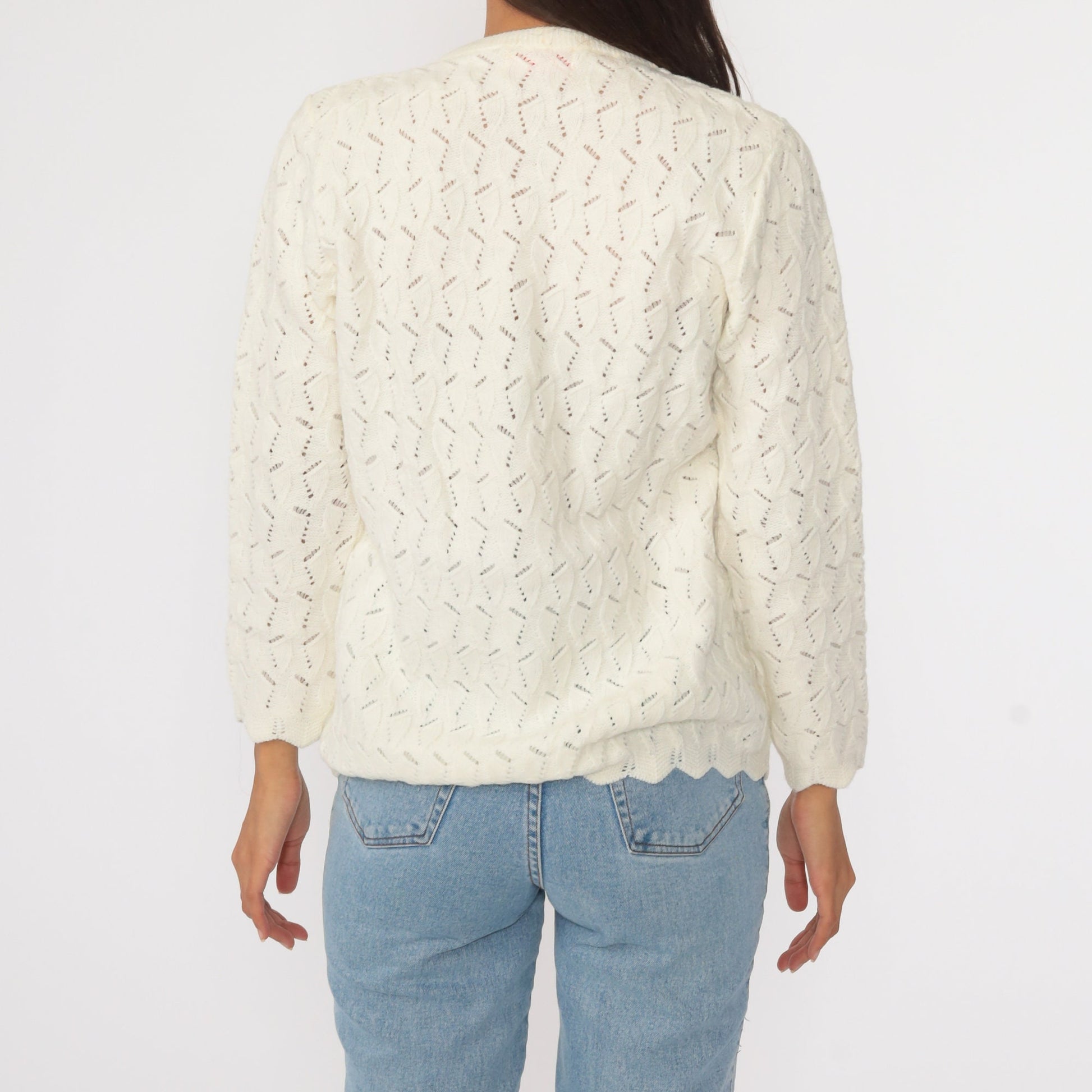 70s Off-White Pointelle Cardigan Sweater Button Up Small