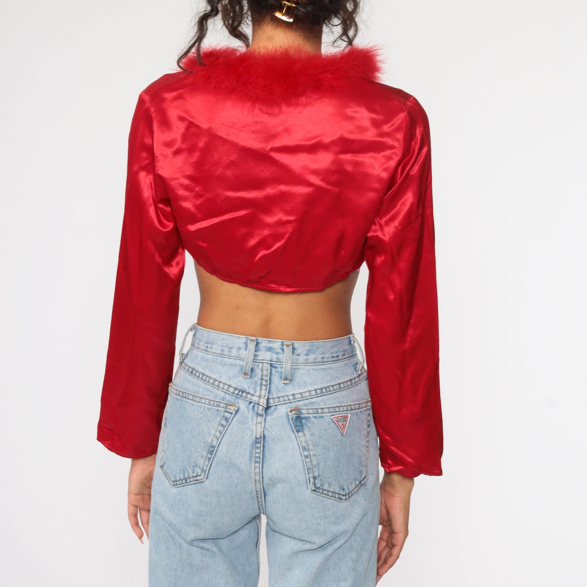 Y2K Red Satin Crop Top Feather Trim Long Sleeve Tie Waist Small