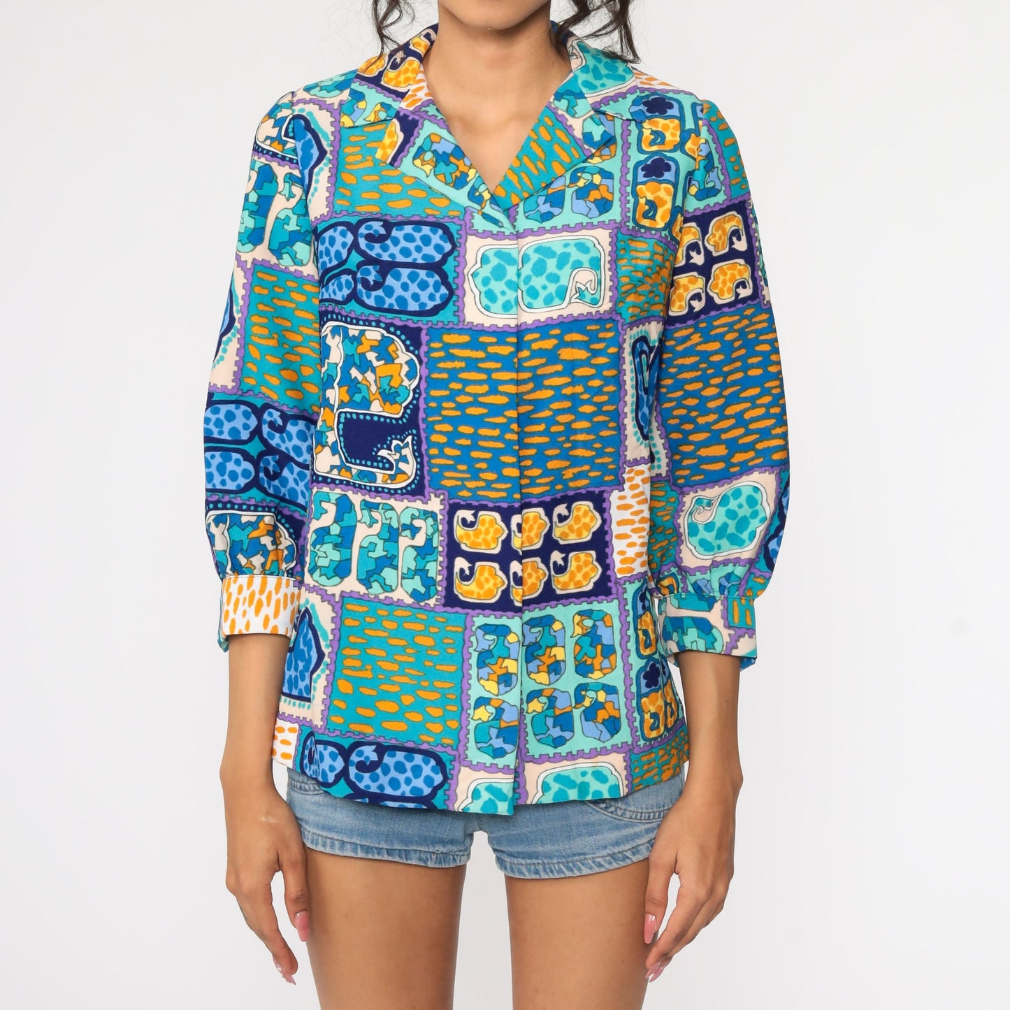 70s Psychedelic Acid Print Button-Up Shirt Blue 3/4 Sleeve Small