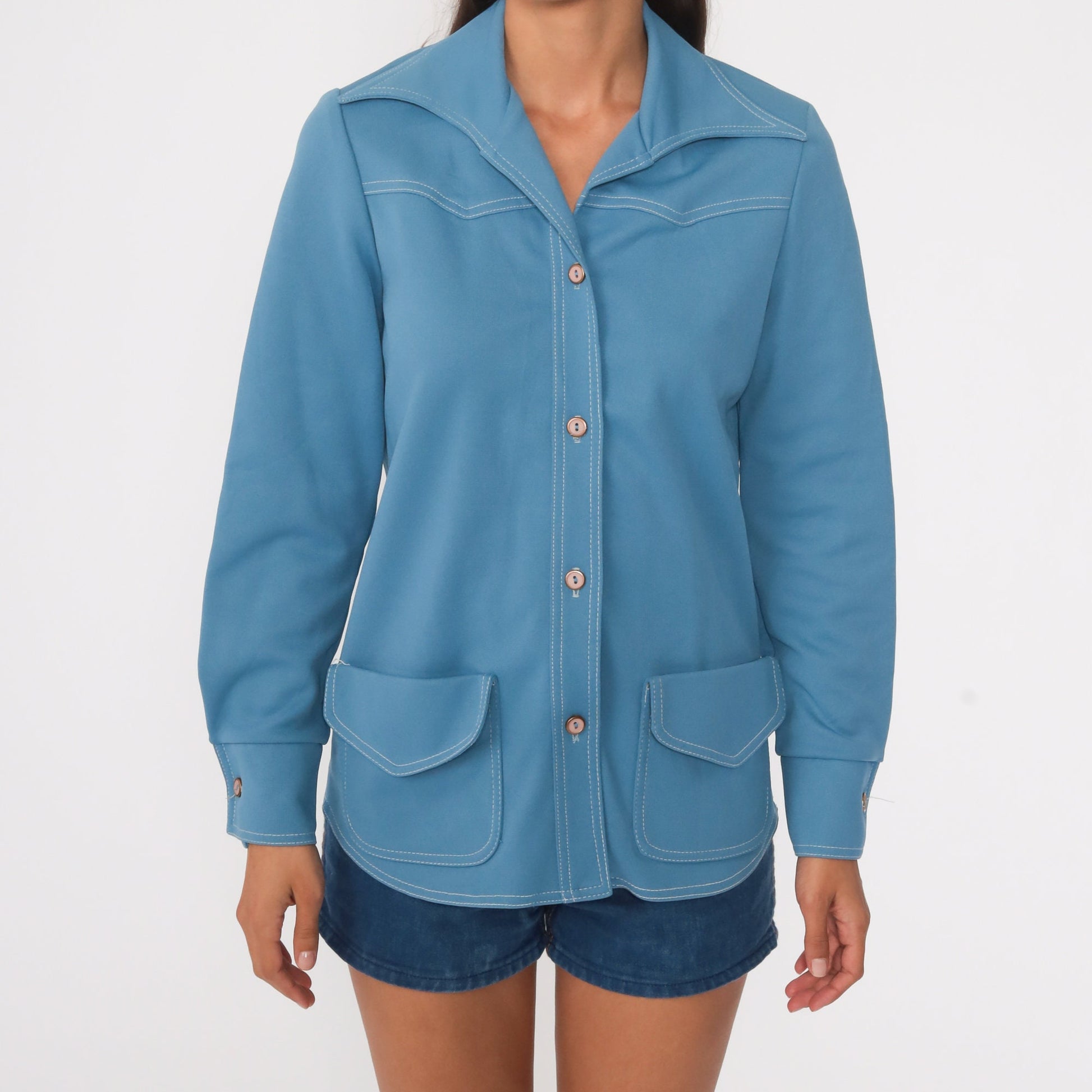 70s Blue Dagger Collar Button-Up Shirt Long Sleeve Small Medium