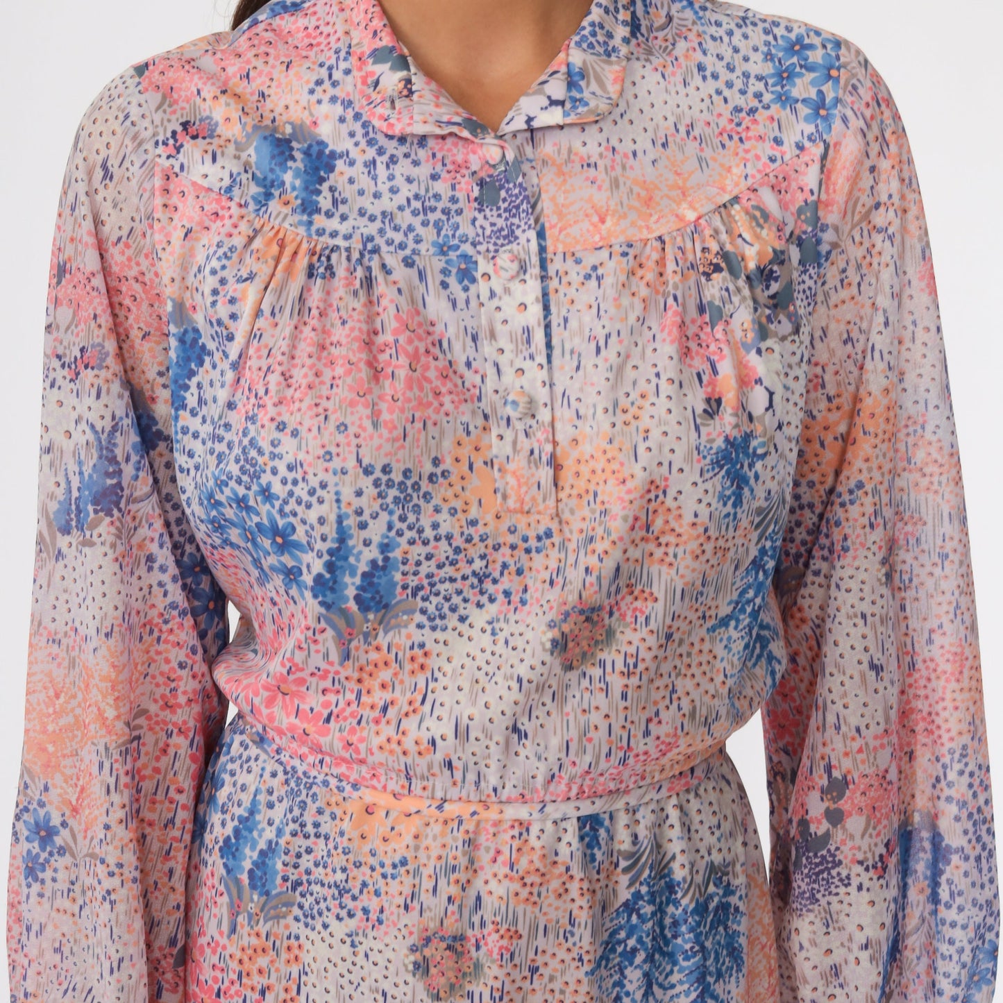 70s Floral Mini Dress Pink Purple Long Sleeve High Waist Button Up Medium Large